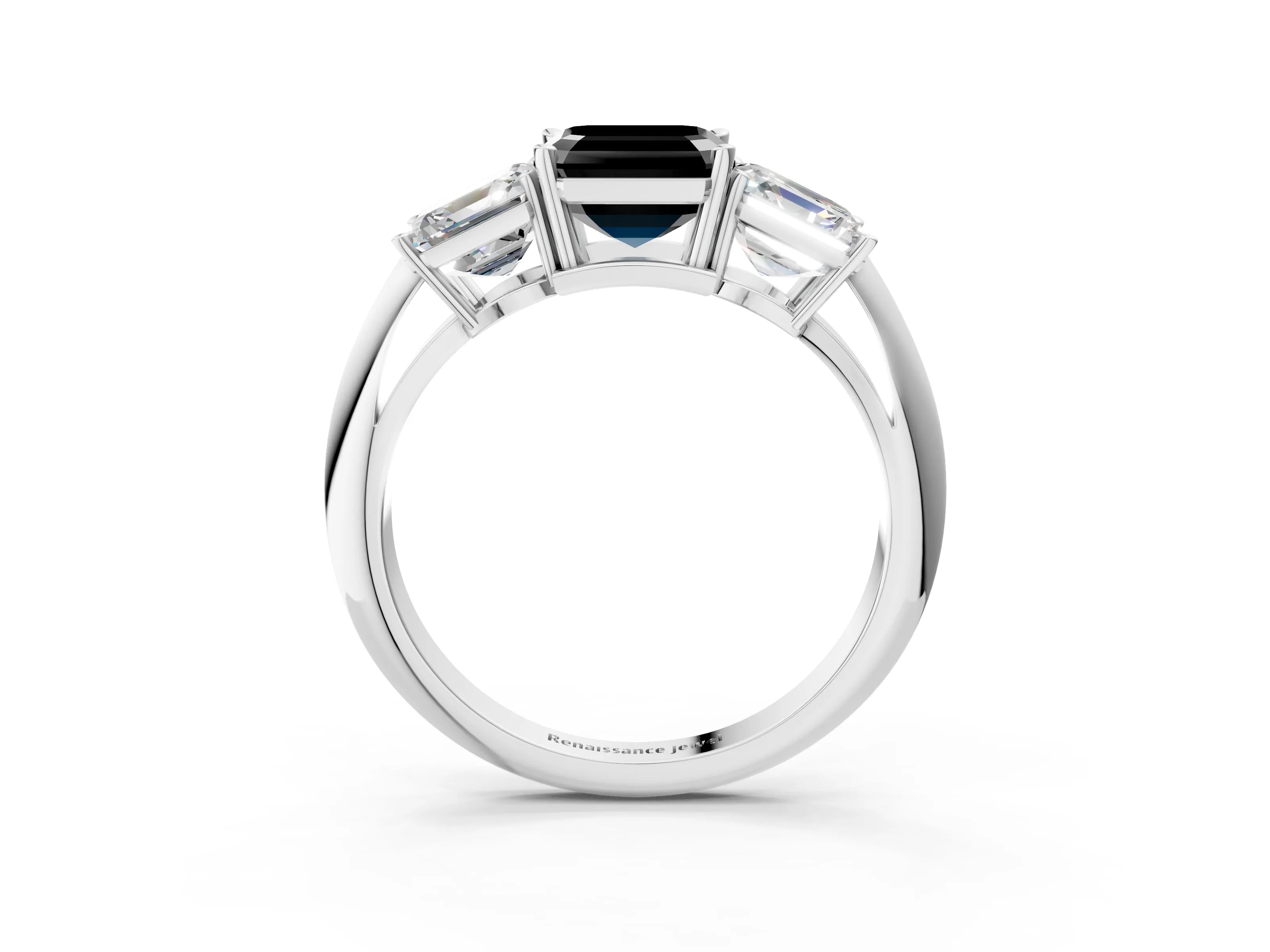 White gold Three-Stone Fancy Black Asscher Cut Cut Diamond Engagement Ring with Prong Setting on a White Gold Band_15