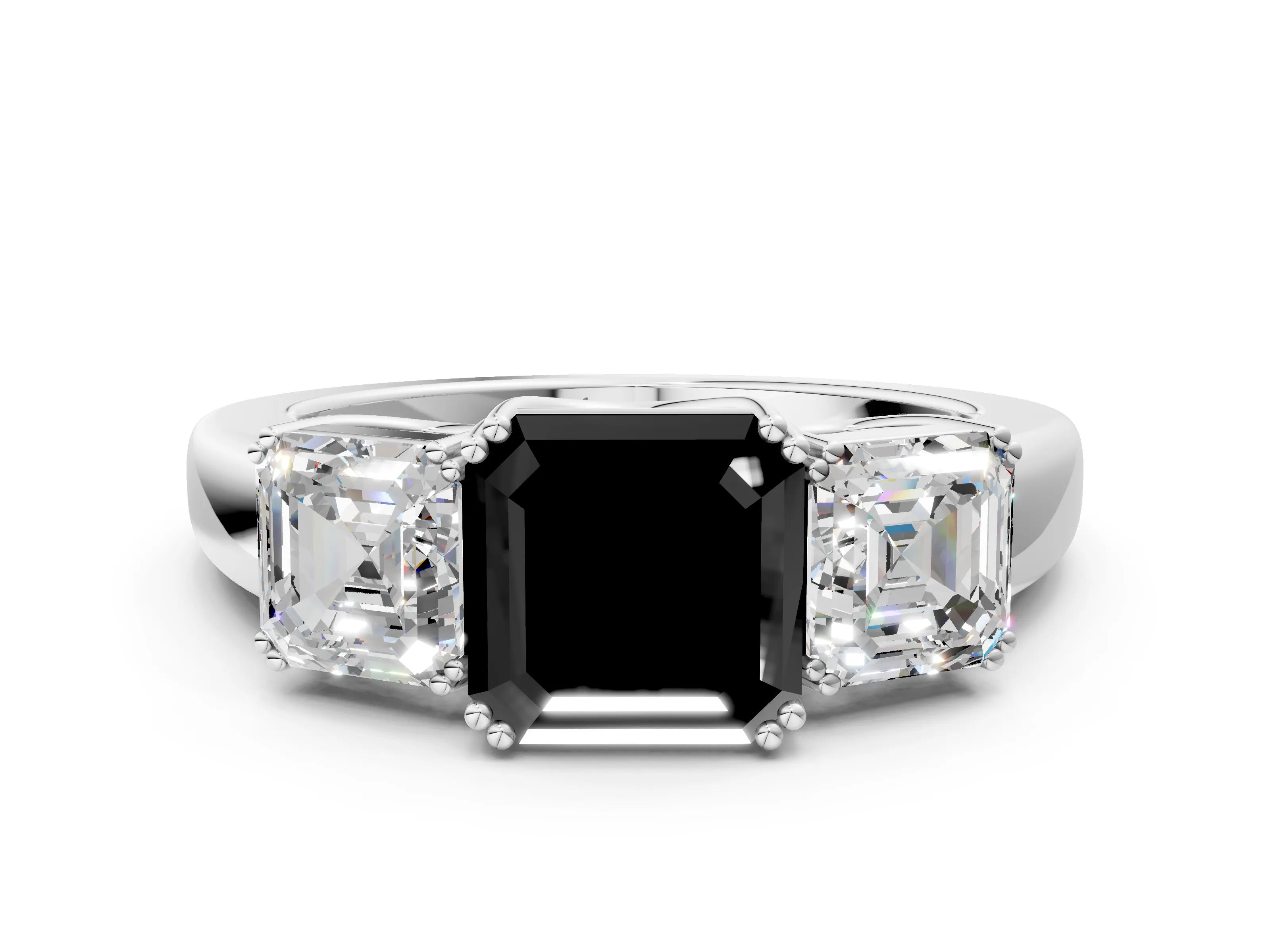 White gold Three-Stone Fancy Black Asscher Cut Cut Diamond Ring with Channel Set Band and Four-Prong Setting