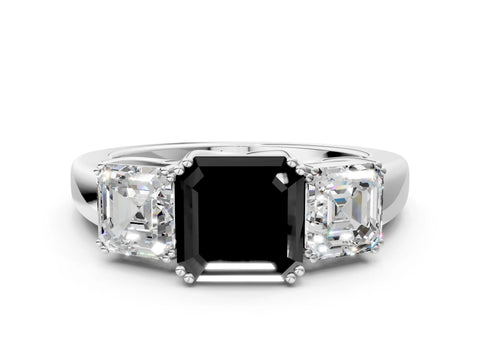 White gold Three-Stone Fancy Black Asscher Cut Cut Diamond Ring with Channel Set Band and Four-Prong Setting