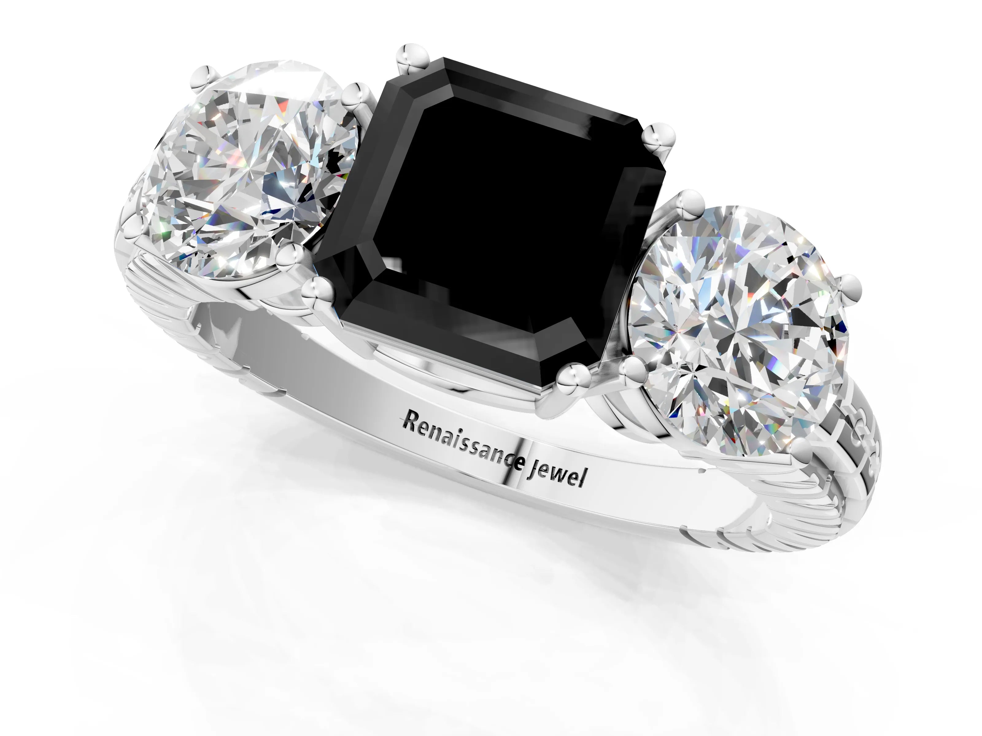 White gold Three-Stone Fancy Black Asscher Cut Cut Diamond Ring with Channel-Set Band and Prong Setting_1