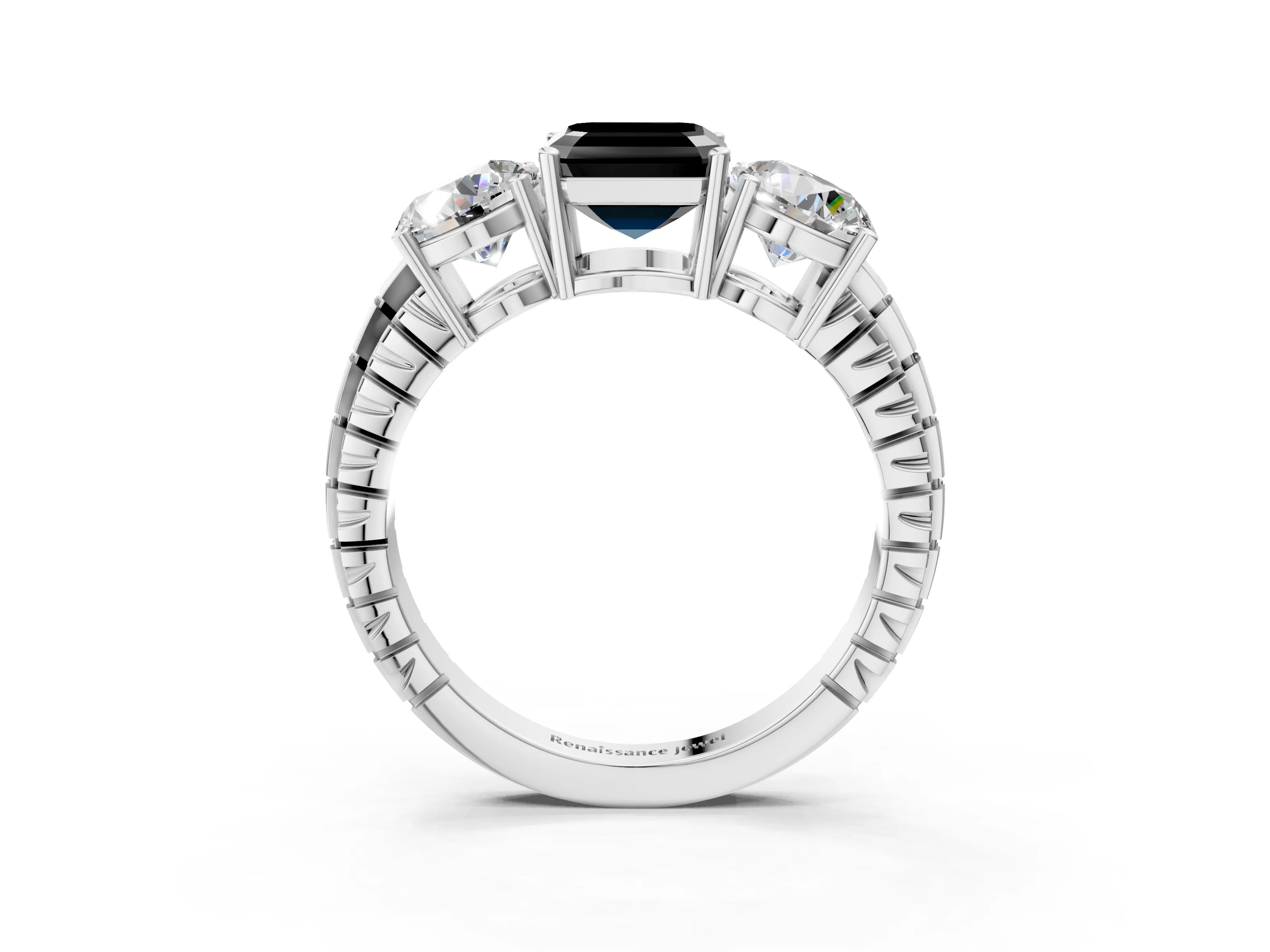 White gold Three-Stone Fancy Black Asscher Cut Cut Diamond Ring with Channel-Set Band and Prong Setting_3