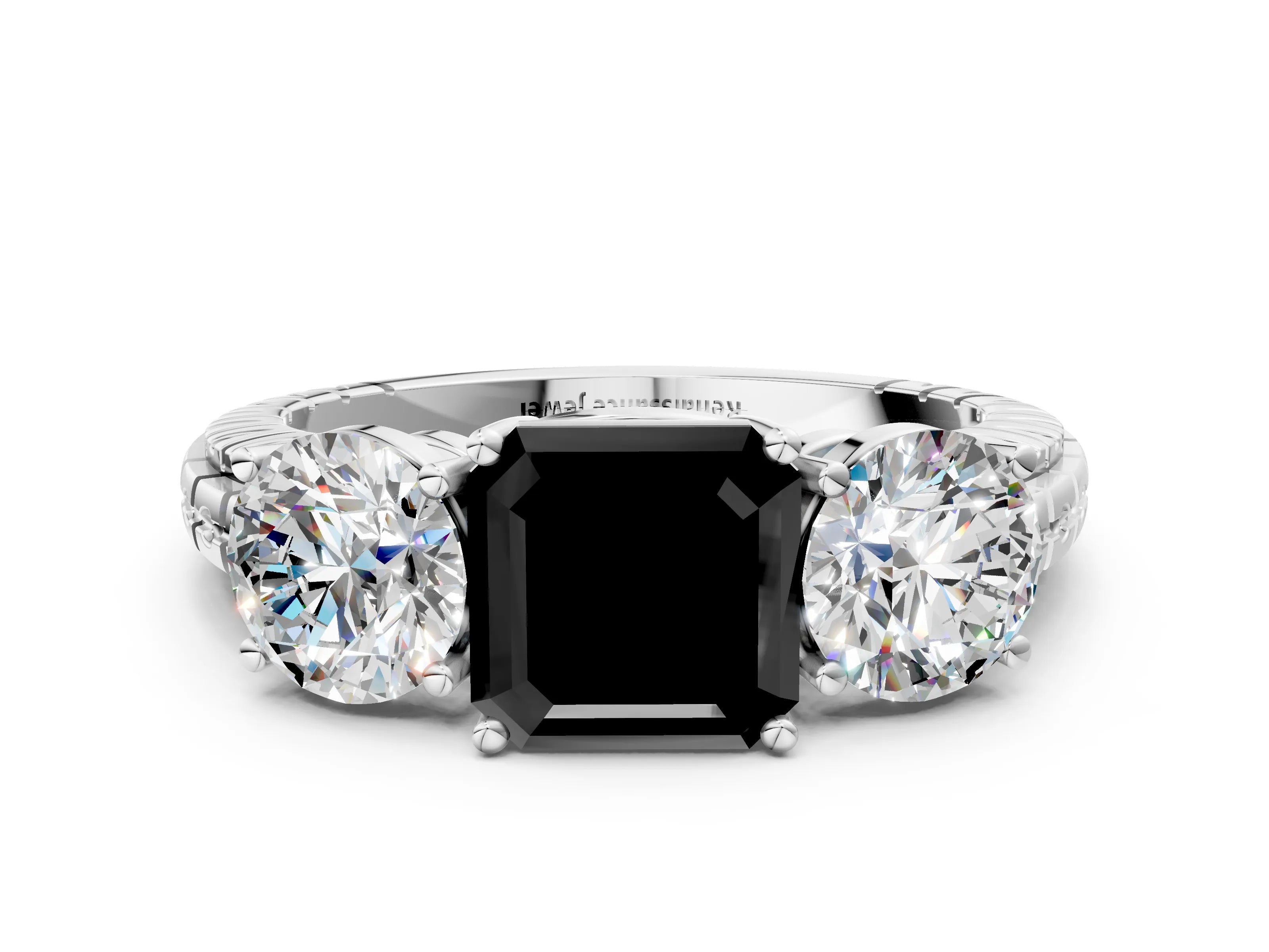 White gold Three-Stone Fancy Black Asscher Cut Cut Diamond Ring with Channel-Set Band and Prong Setting