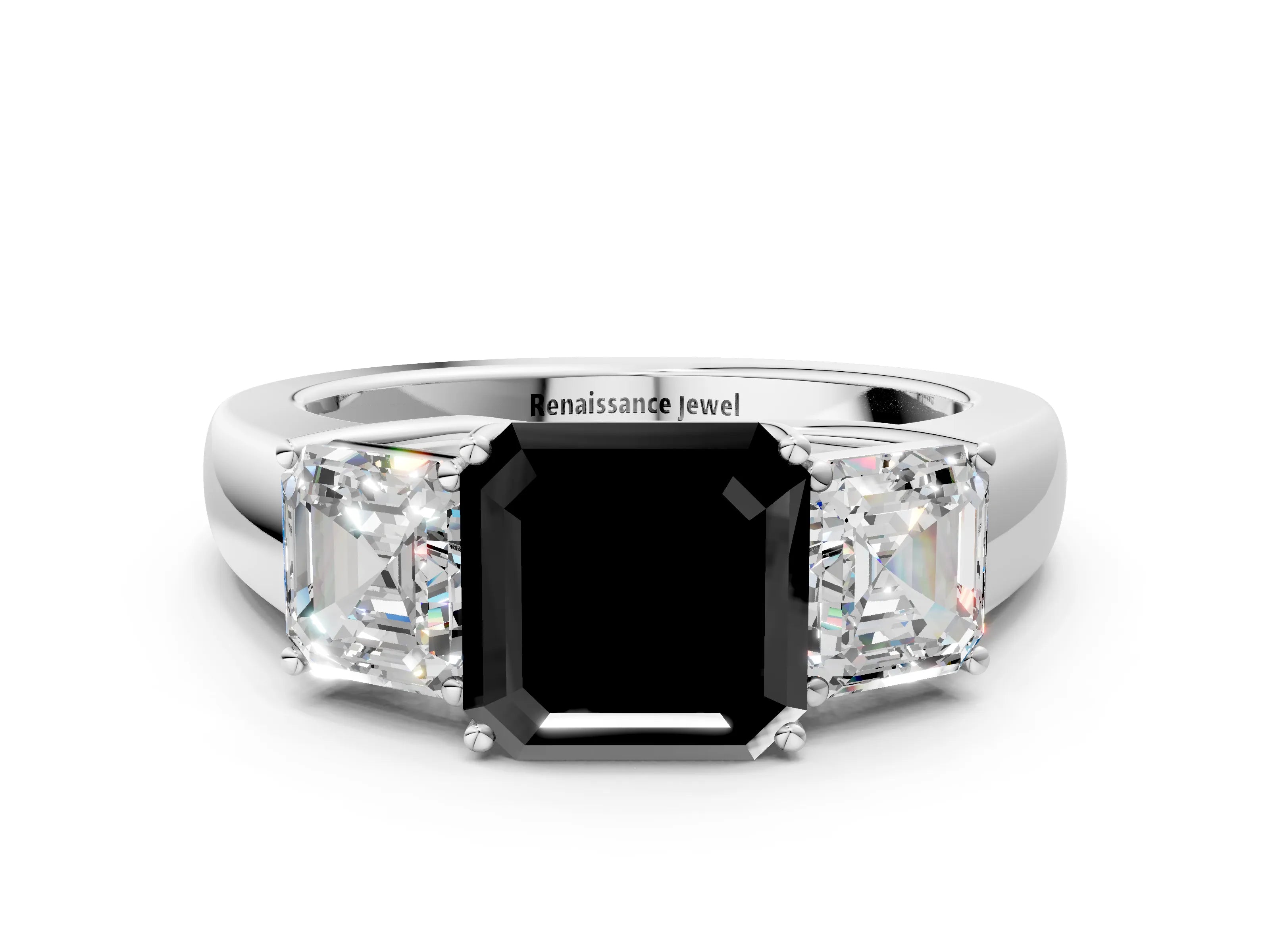 White gold Three-Stone Fancy Black Asscher Cut Cut Diamond Ring with Prong Setting and Classic Band