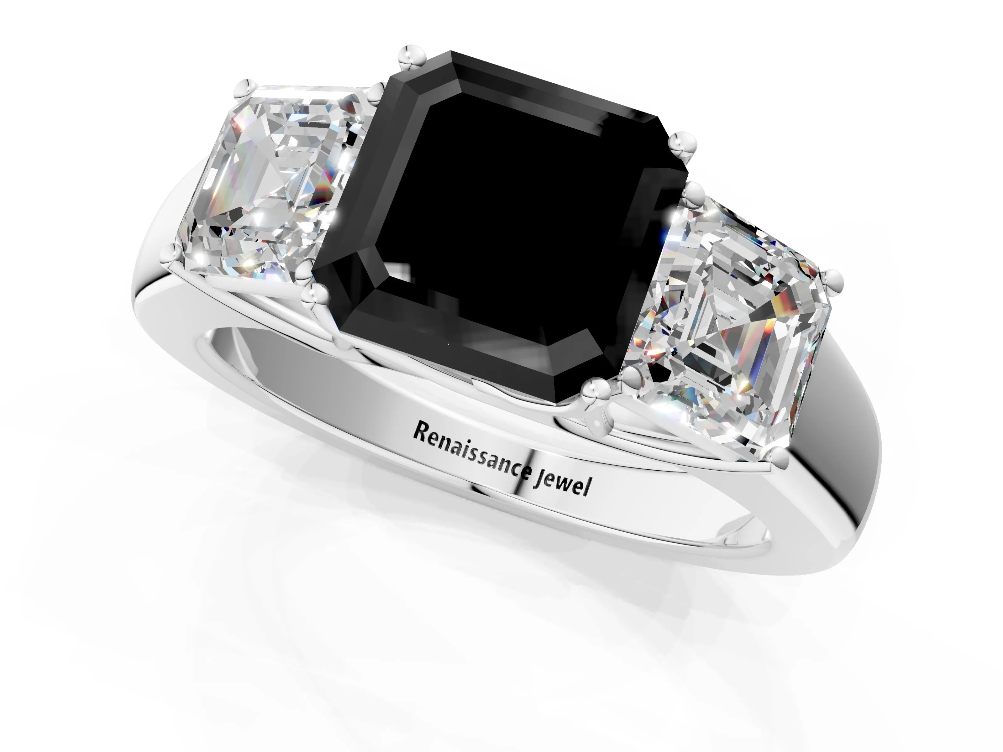 White gold Three-Stone Fancy Black Asscher Cut Cut Diamond Ring with Prong Setting and Classic Band_1