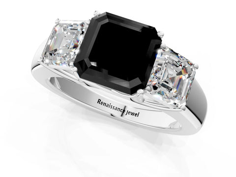 White gold Three-Stone Fancy Black Asscher Cut Cut Diamond Ring with Prong Setting and Classic Band_1