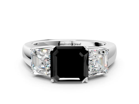 White gold Three-Stone Fancy Black Asscher Cut Cut Diamond Ring with Prong Setting and Classic Band