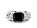 White gold Three-Stone Fancy Black Asscher Cut Cut Diamond Ring with Prong Setting and Classic Band