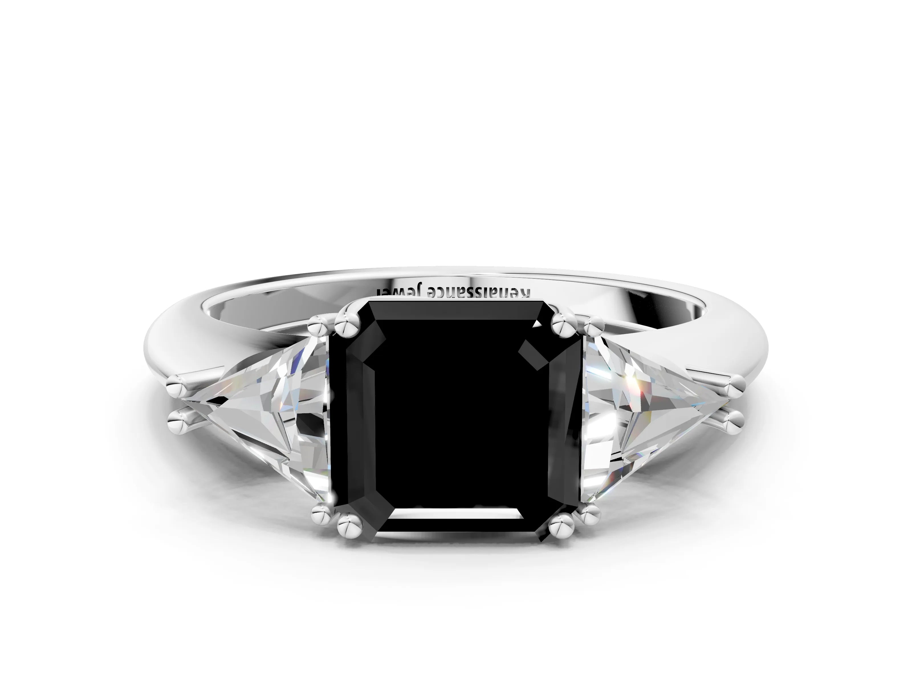 White gold Three-Stone Fancy Black Asscher Cut Cut Diamond Ring with Trillion Side Stones and Four-Prong Setting_11
