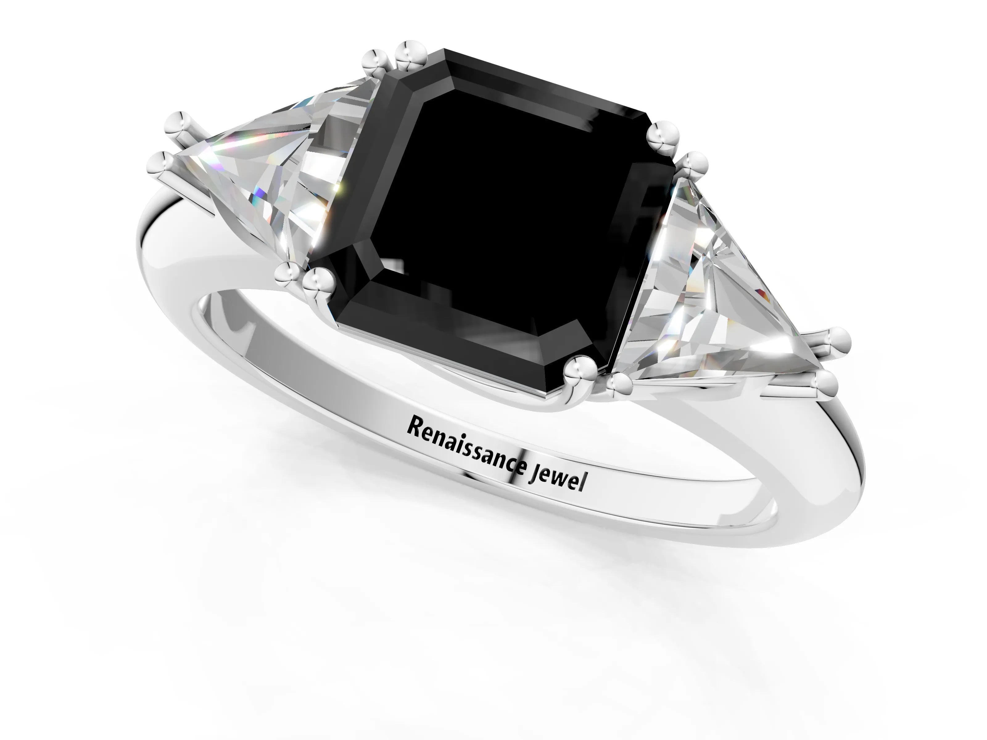 White gold Three-Stone Fancy Black Asscher Cut Cut Diamond Ring with Trillion Side Stones and Four-Prong Setting_12