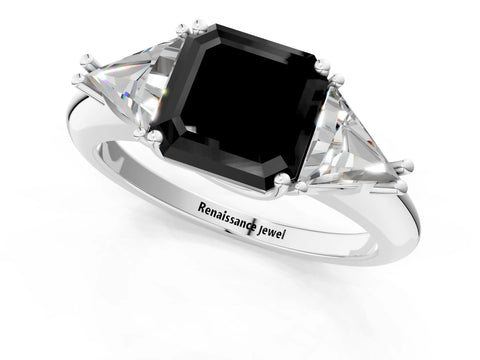 White gold Three-Stone Fancy Black Asscher Cut Cut Diamond Ring with Trillion Side Stones and Four-Prong Setting_12