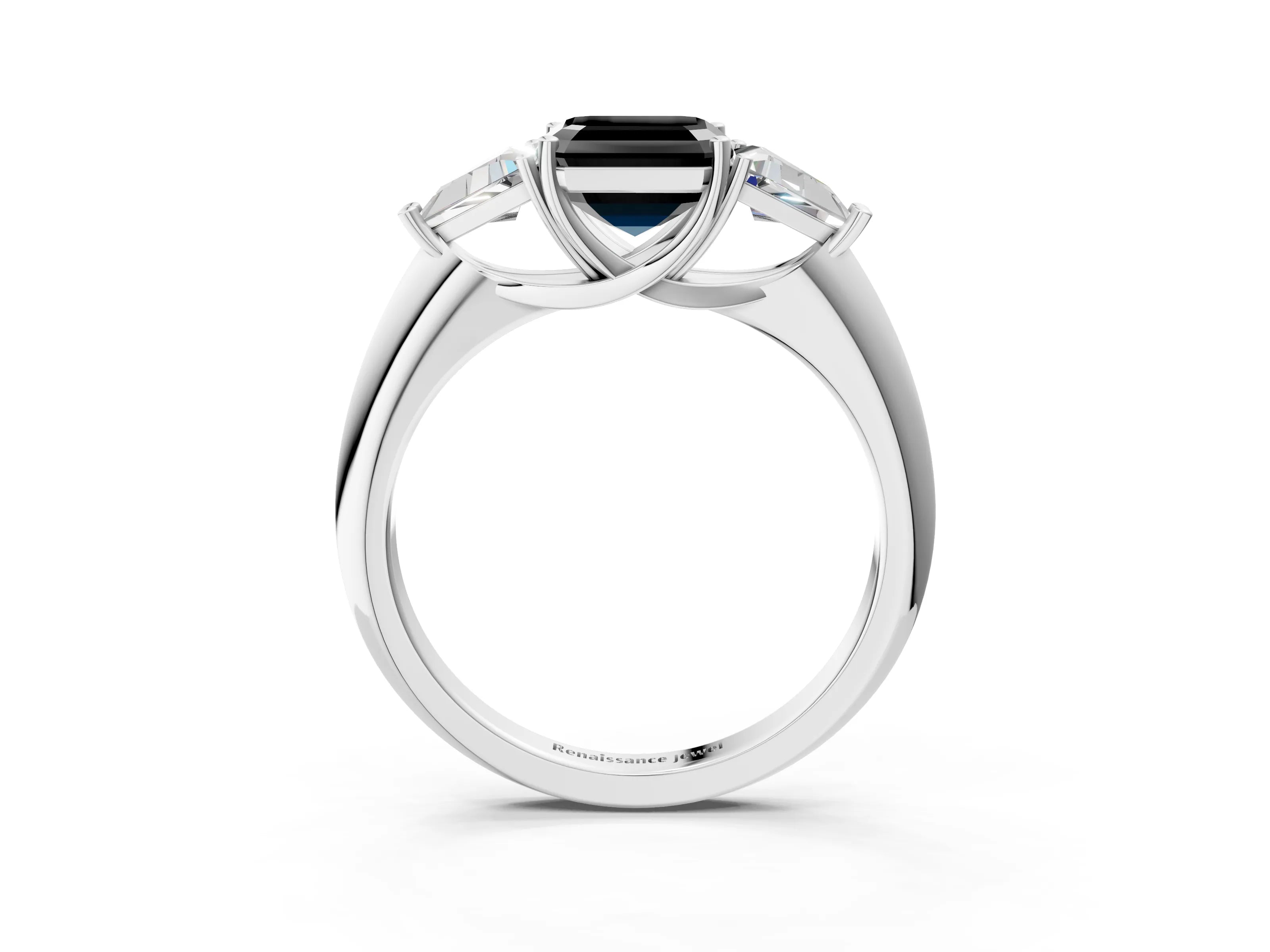 White gold Three-Stone Fancy Black Asscher Cut Cut Diamond Ring with Trillion Side Stones and Four-Prong Setting_14