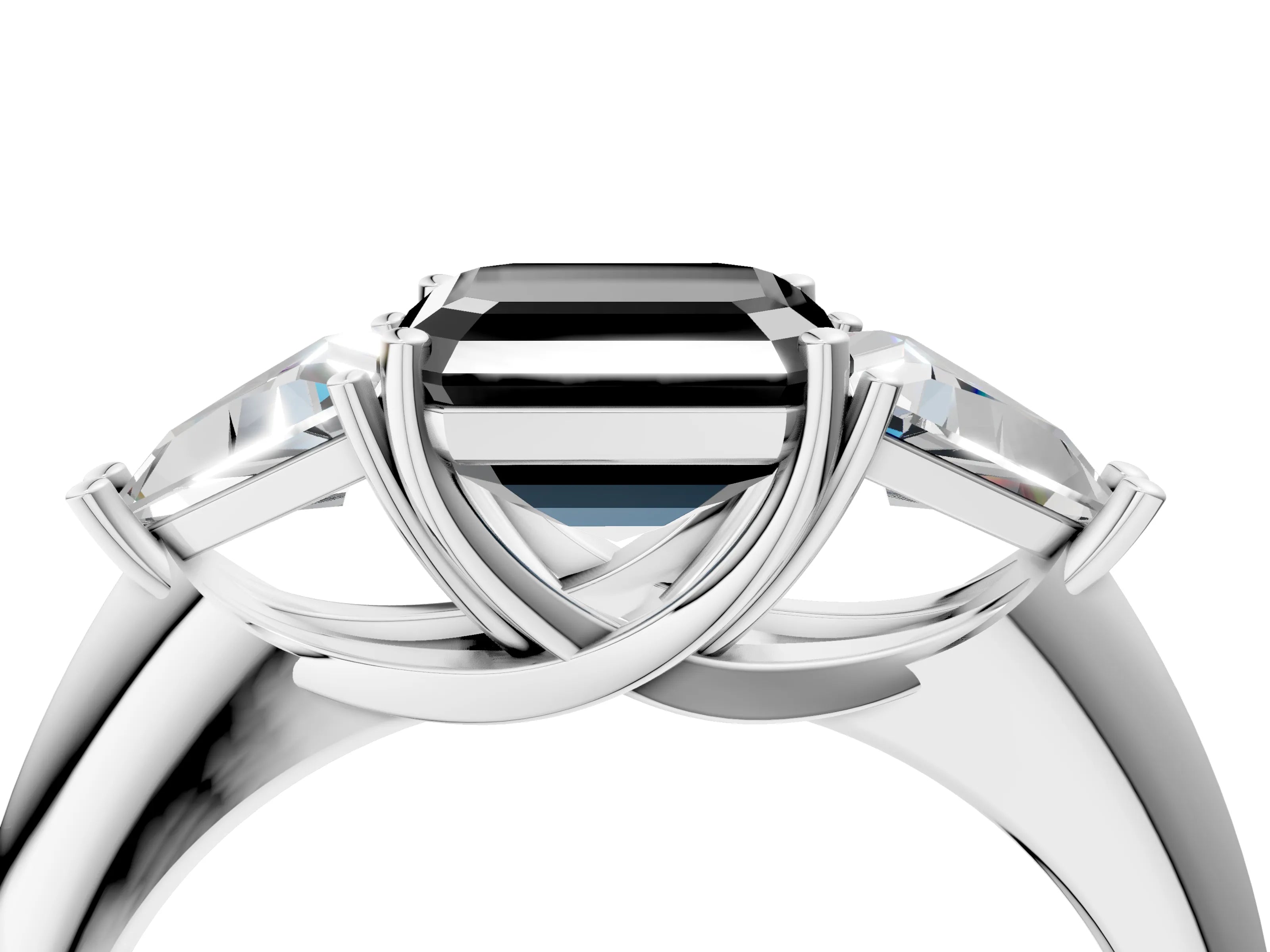 White gold Three-Stone Fancy Black Asscher Cut Cut Diamond Ring with Trillion Side Stones and Four-Prong Setting_15