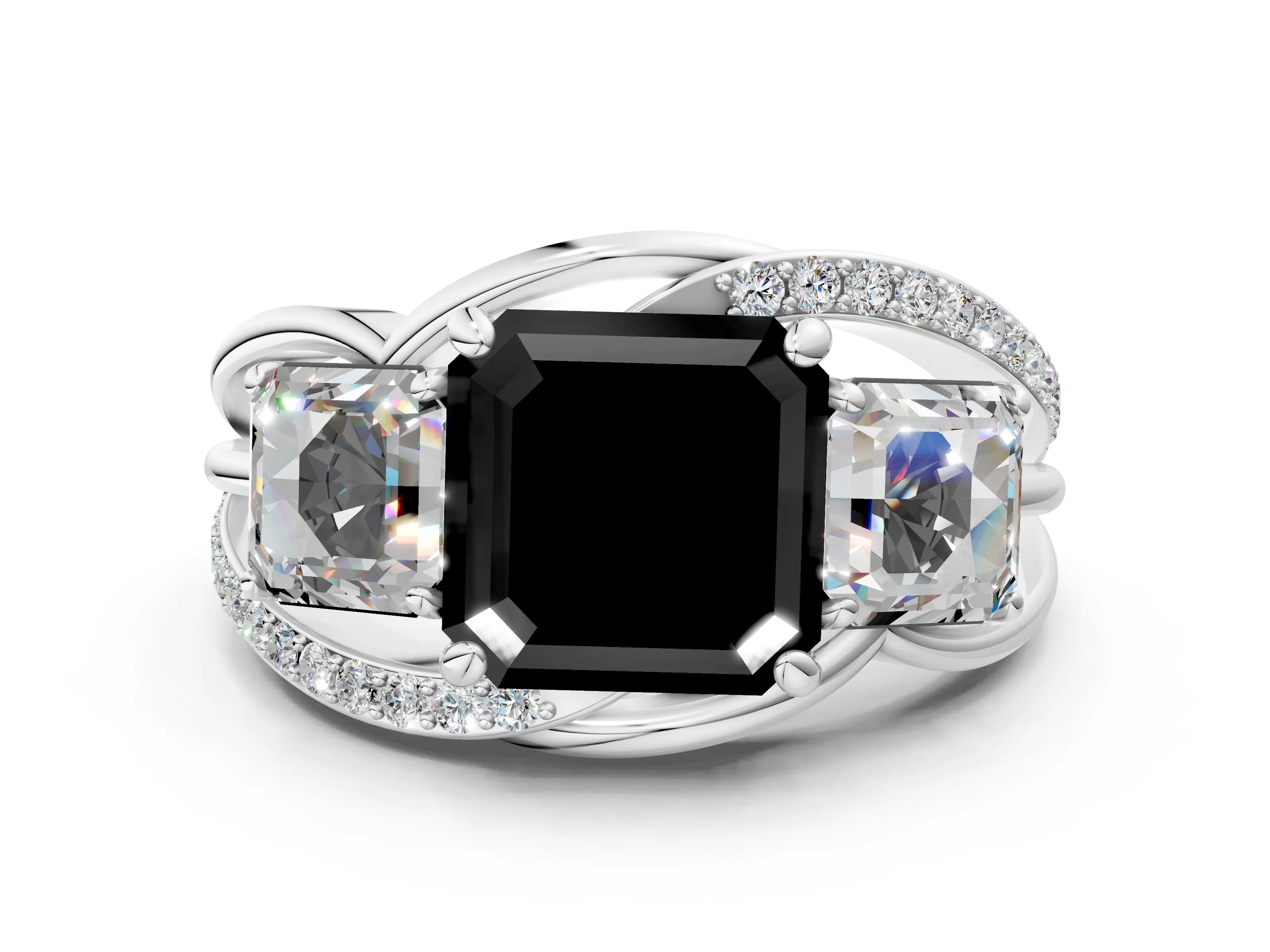 White gold Three-Stone Fancy Black Asscher Cut Cut Diamond Split Shank Prong Set Ring