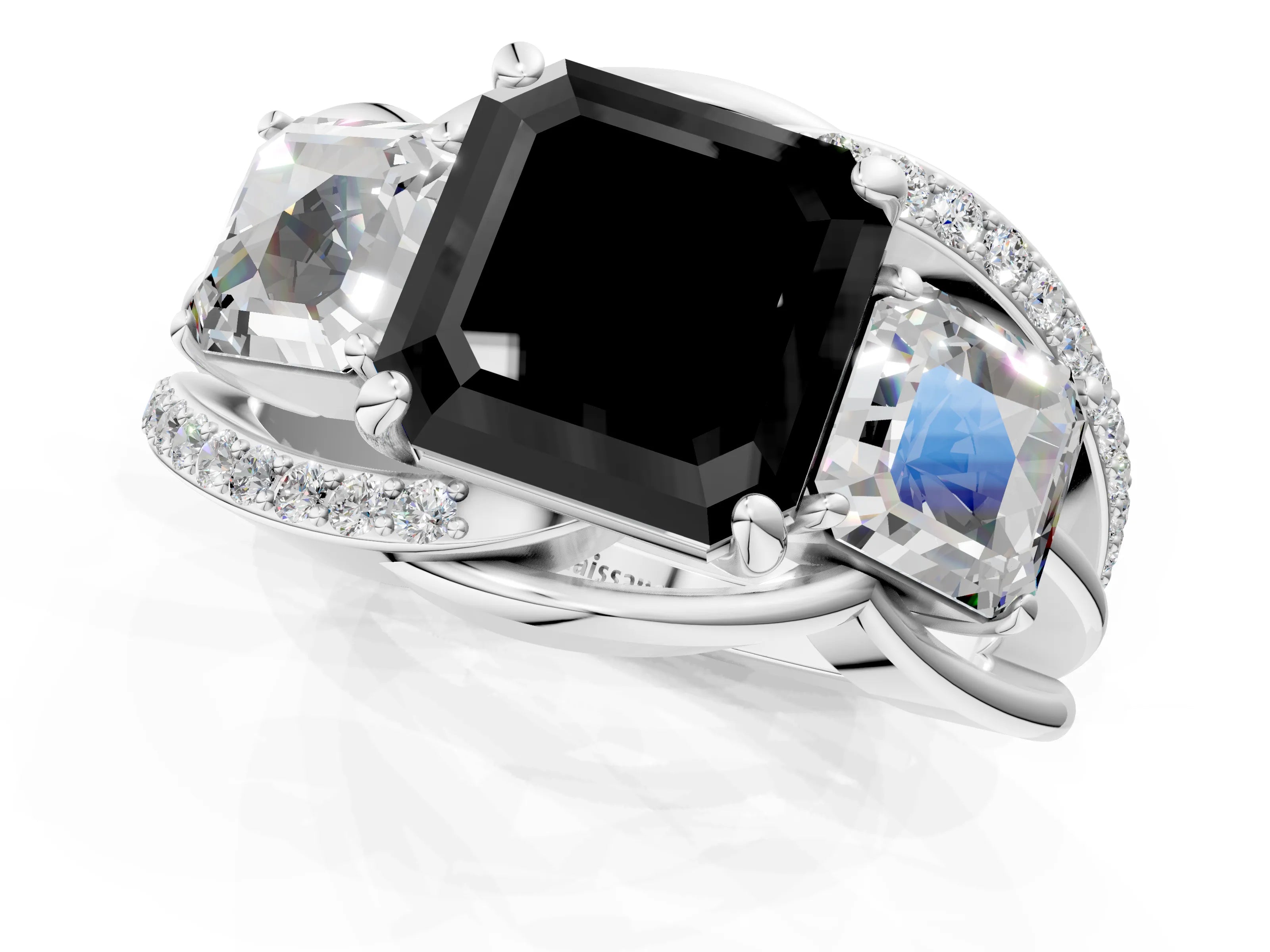 White gold Three-Stone Fancy Black Asscher Cut Cut Diamond Split Shank Prong Set Ring_1