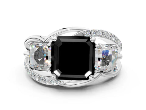 White gold Three-Stone Fancy Black Asscher Cut Cut Diamond Split Shank Prong Set Ring_12