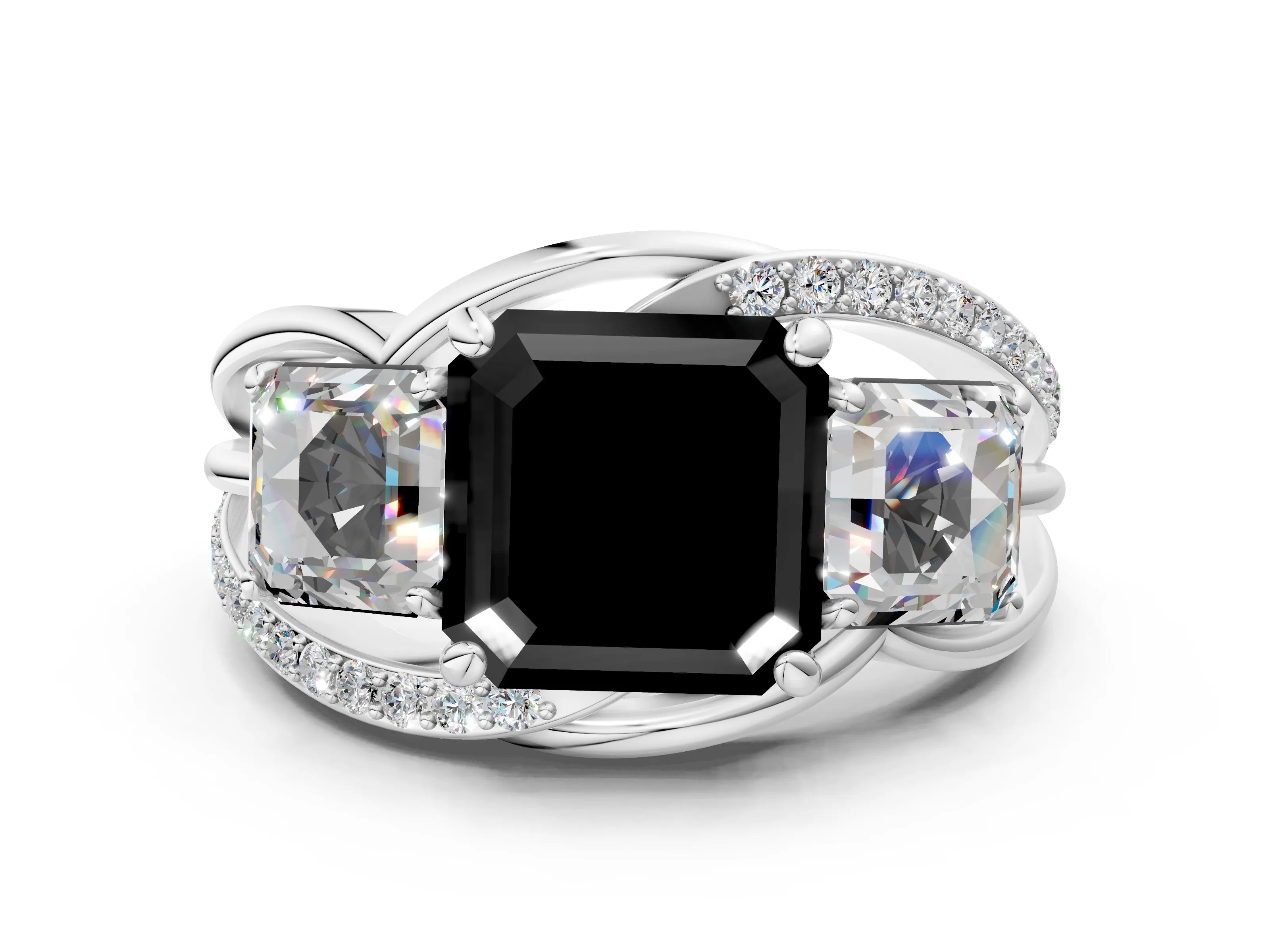 White gold Three-Stone Fancy Black Asscher Cut Cut Diamond Split Shank Prong Set Ring_12