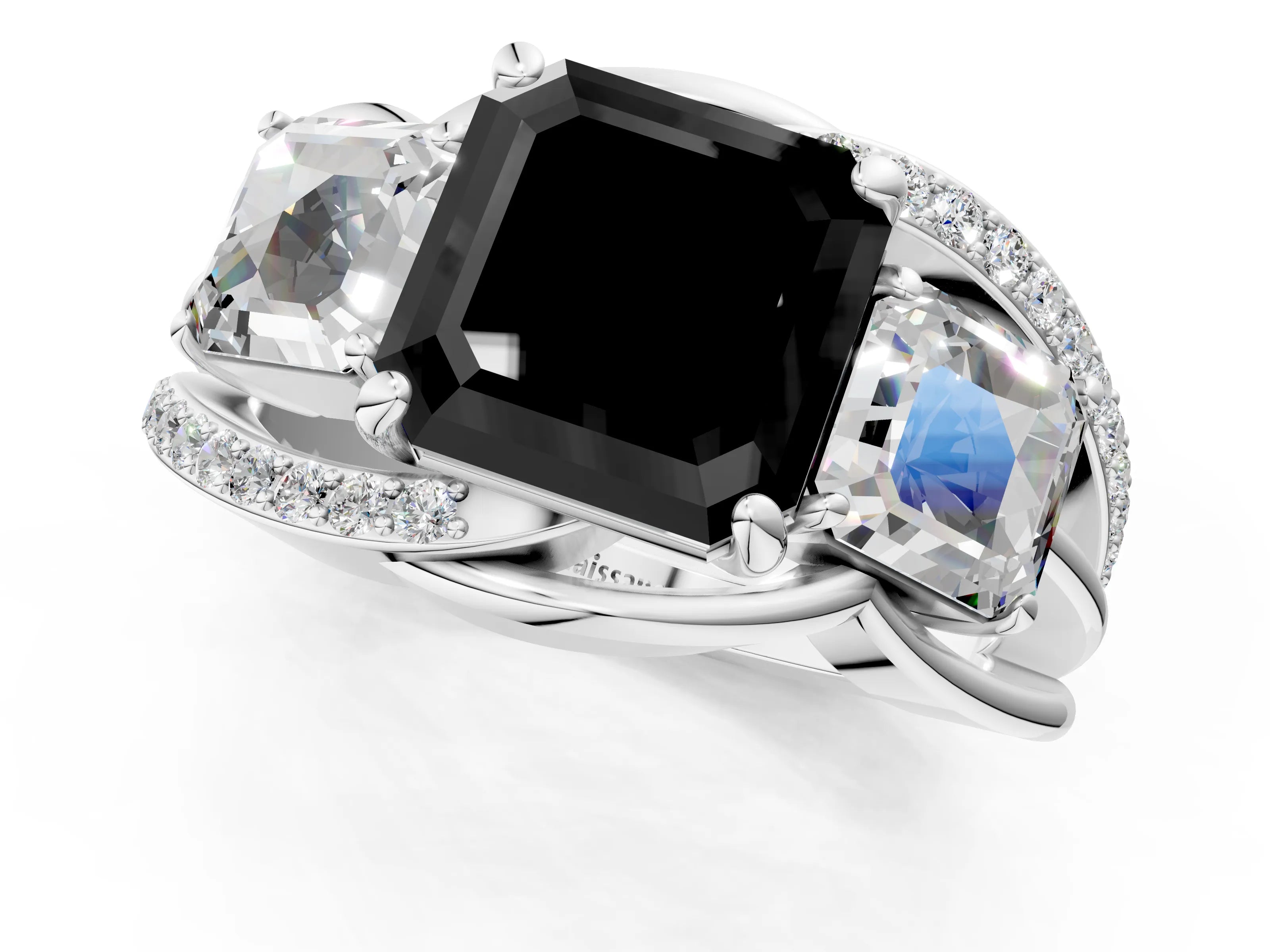 White gold Three-Stone Fancy Black Asscher Cut Cut Diamond Split Shank Prong Set Ring_13