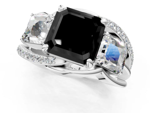 White gold Three-Stone Fancy Black Asscher Cut Cut Diamond Split Shank Prong Set Ring_13
