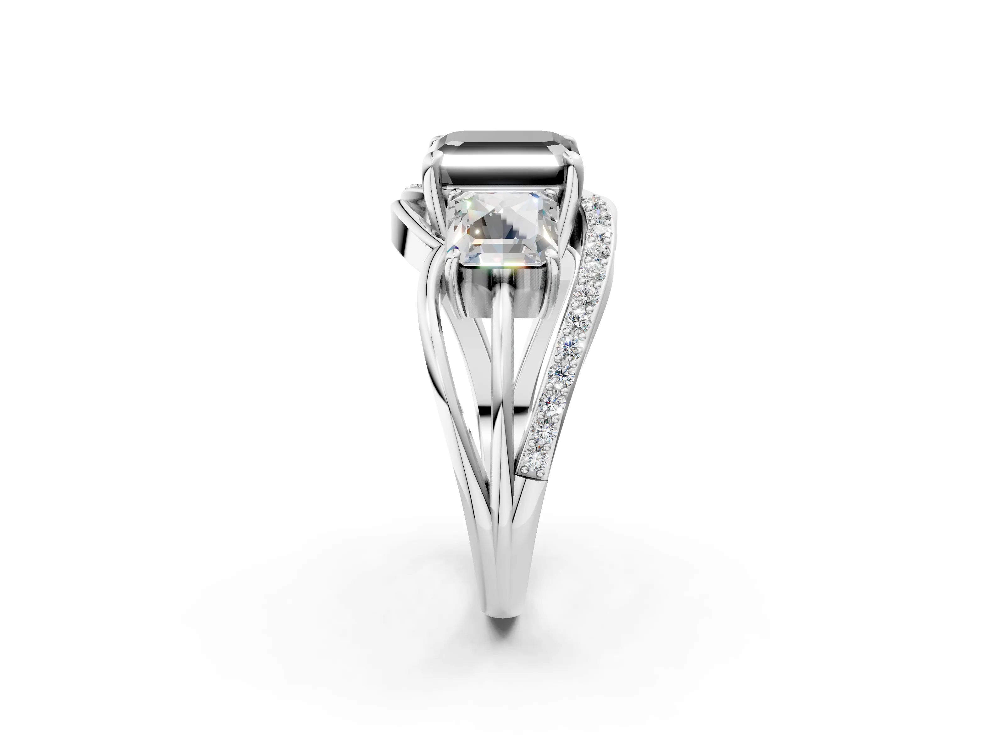 White gold Three-Stone Fancy Black Asscher Cut Cut Diamond Split Shank Prong Set Ring_14