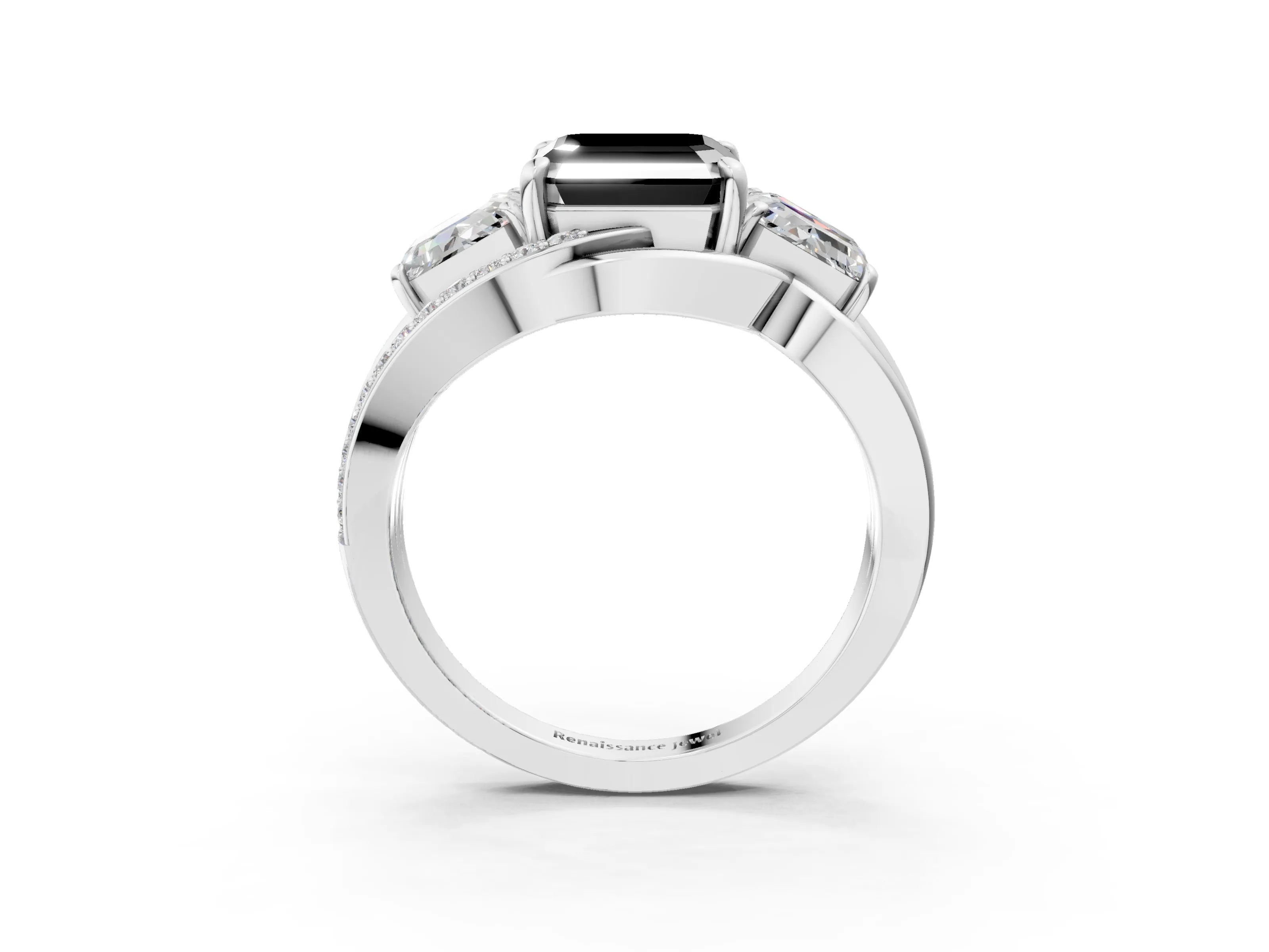 White gold Three-Stone Fancy Black Asscher Cut Cut Diamond Split Shank Prong Set Ring_15