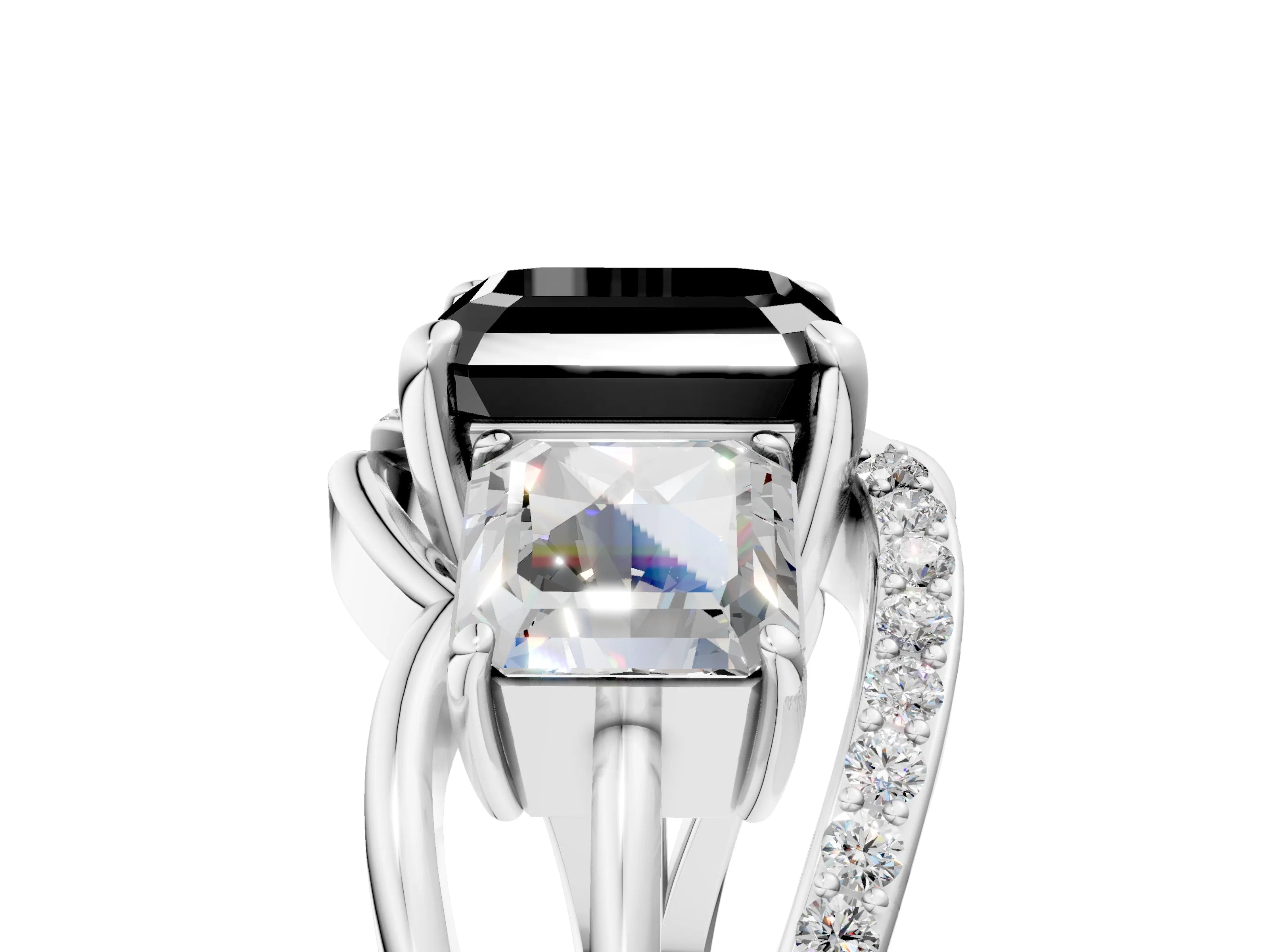 White gold Three-Stone Fancy Black Asscher Cut Cut Diamond Split Shank Prong Set Ring_17