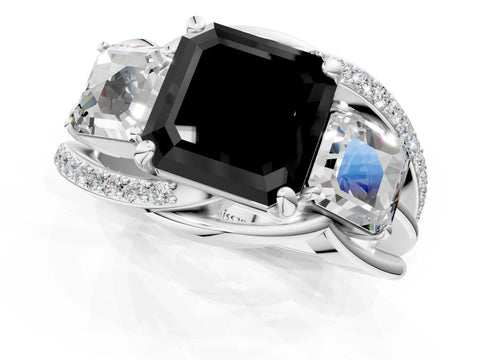White gold Three-Stone Fancy Black Asscher Cut Cut Diamond Split Shank Prong Set Ring_1