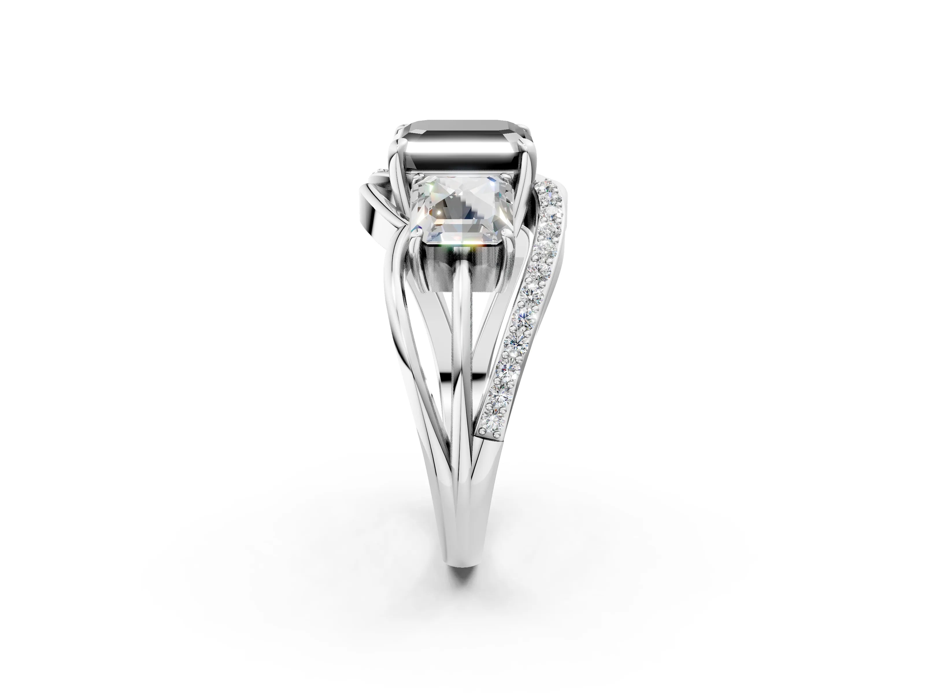 White gold Three-Stone Fancy Black Asscher Cut Cut Diamond Split Shank Prong Set Ring_2