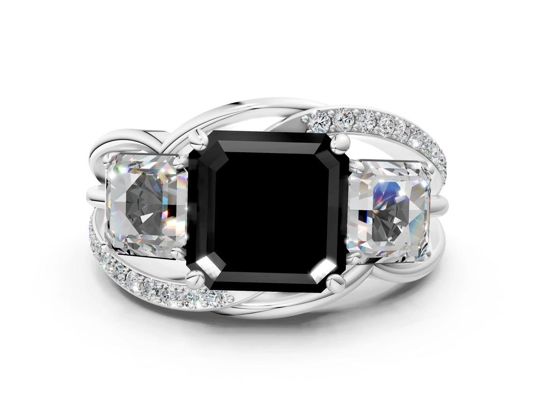 White gold Three-Stone Fancy Black Asscher Cut Cut Diamond Split Shank Prong Set Ring
