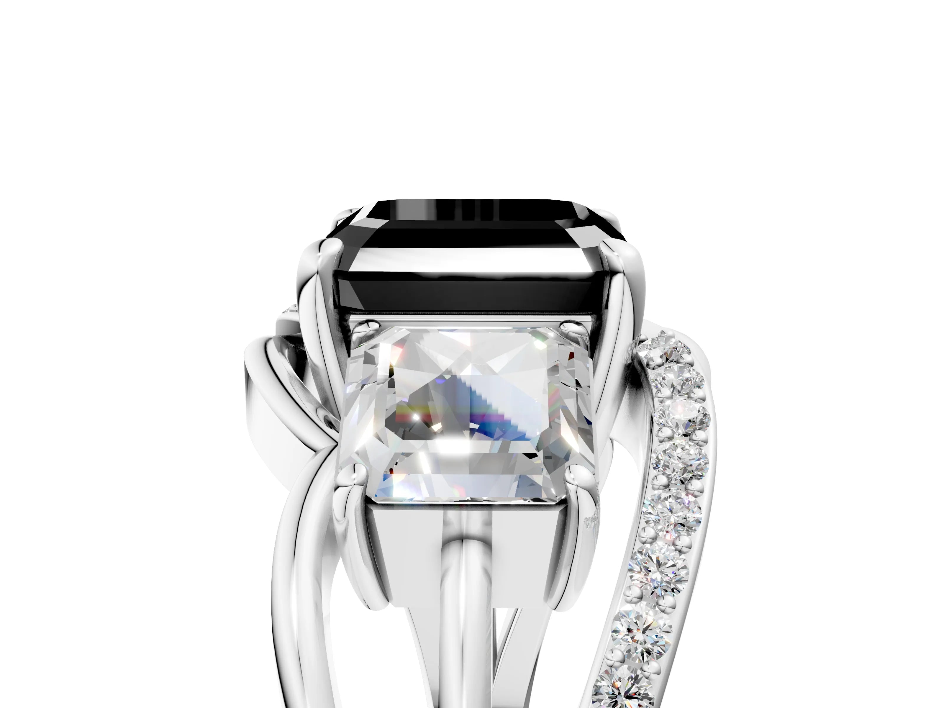 White gold Three-Stone Fancy Black Asscher Cut Cut Diamond Split Shank Prong Set Ring_5