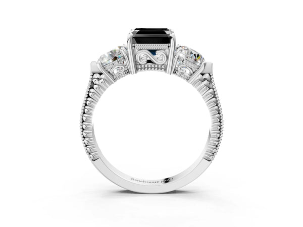 White Gold Asscher Cut Vintage Three Stone Engagement Ring Setting for Black Center