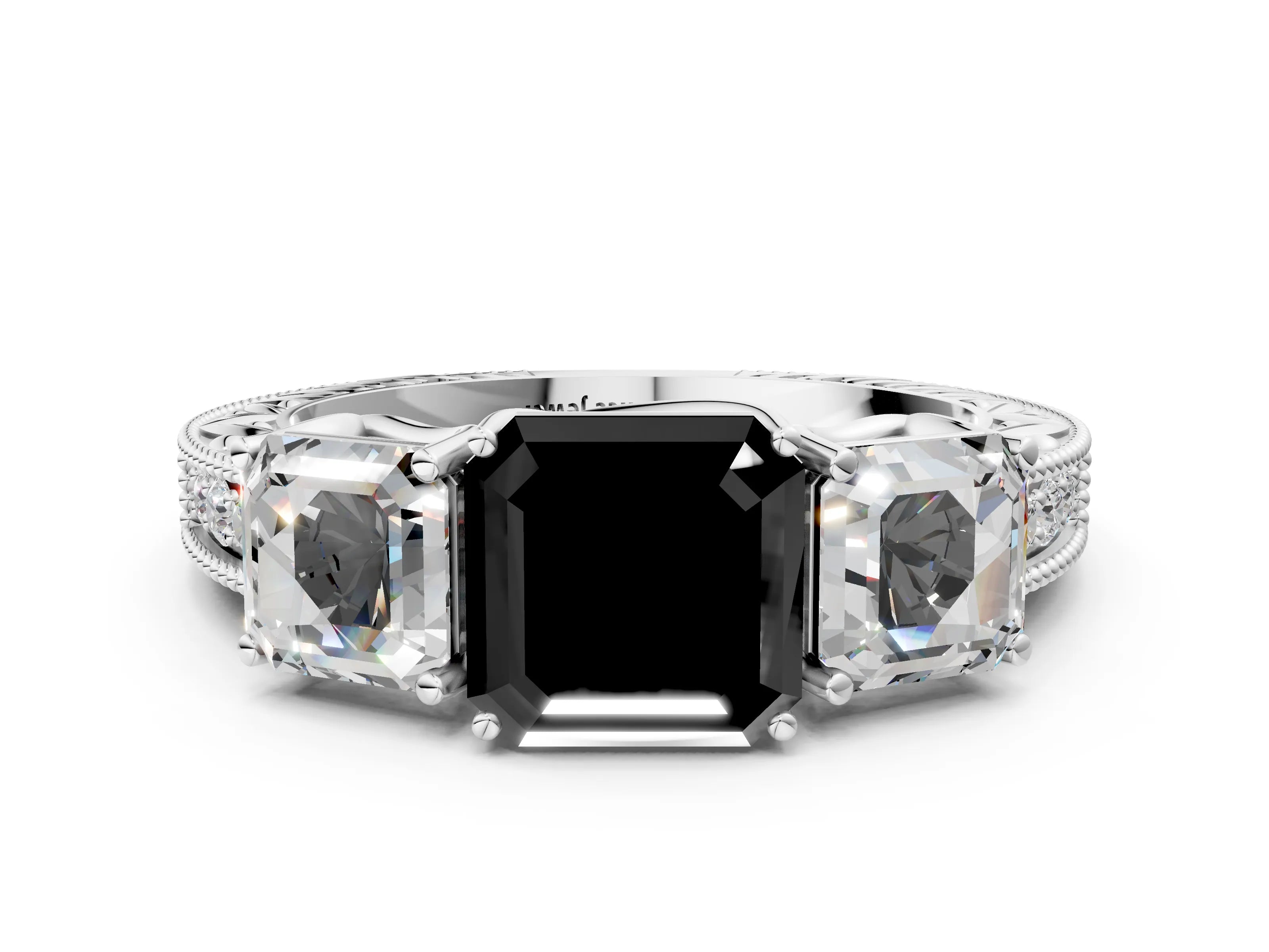 White gold Three-Stone Fancy Black Asscher Cut Cut Milgrain Pavé Engagement Ring_12