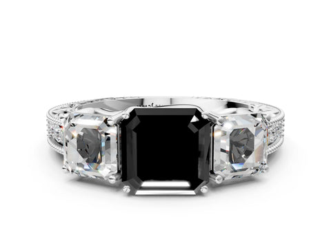White gold Three-Stone Fancy Black Asscher Cut Cut Milgrain Pavé Engagement Ring_12