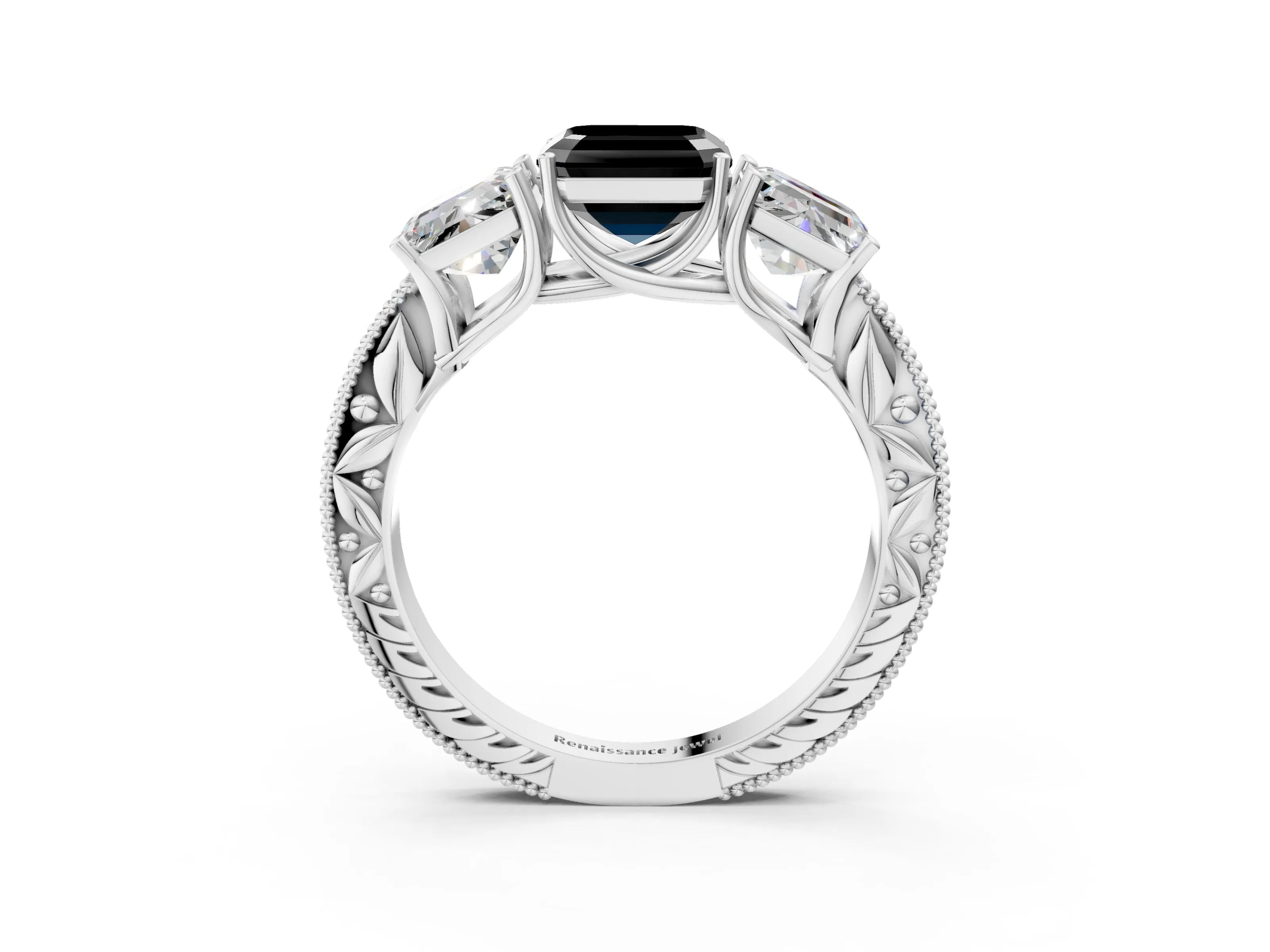 White gold Three-Stone Fancy Black Asscher Cut Cut Milgrain Pavé Engagement Ring_15