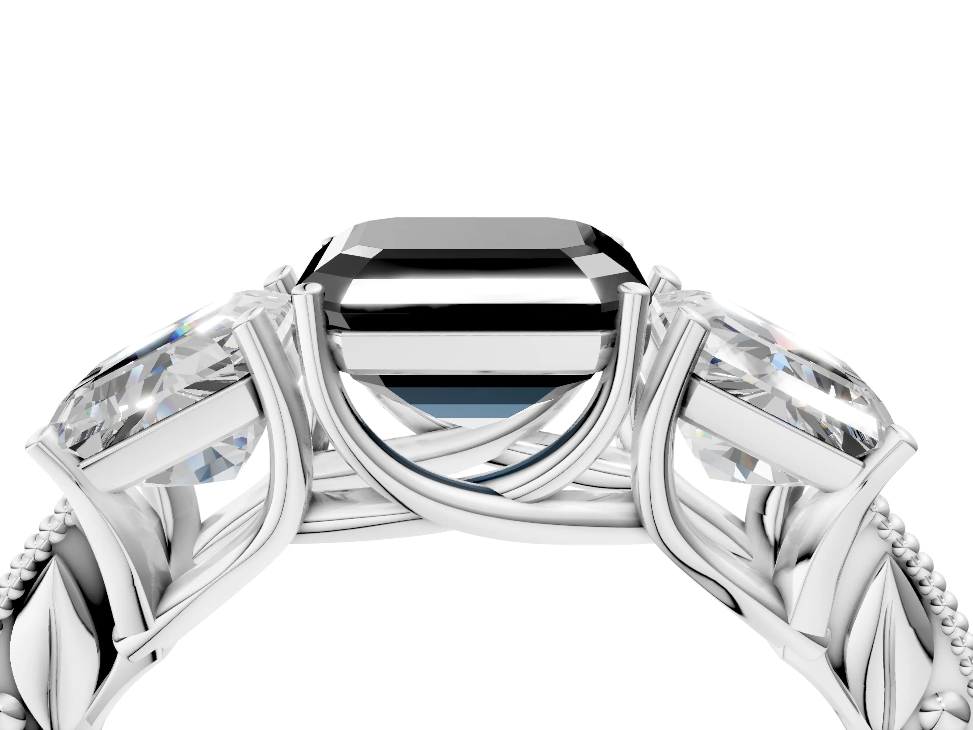 White gold Three-Stone Fancy Black Asscher Cut Cut Milgrain Pavé Engagement Ring_16