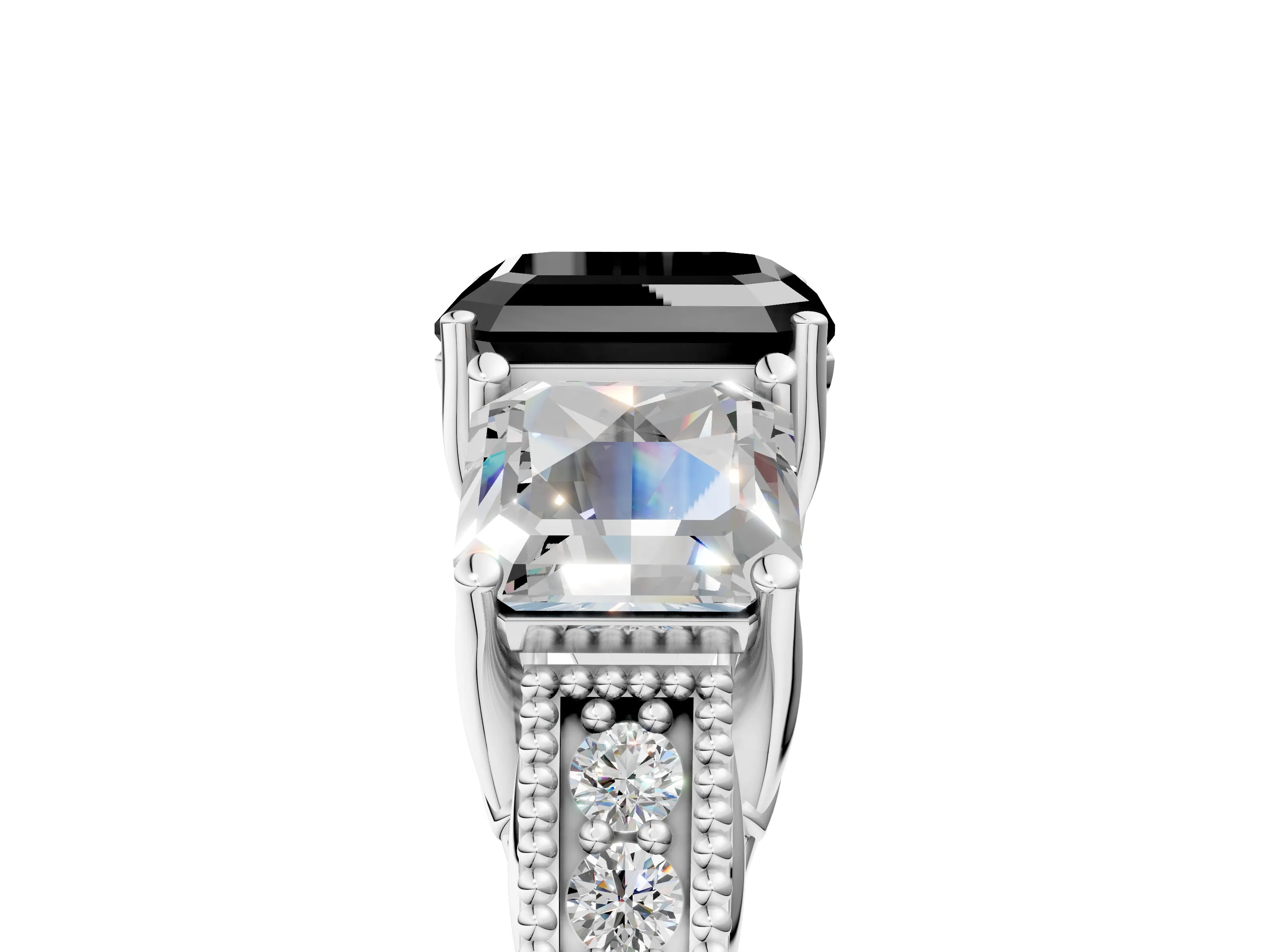 White gold Three-Stone Fancy Black Asscher Cut Cut Milgrain Pavé Engagement Ring_17