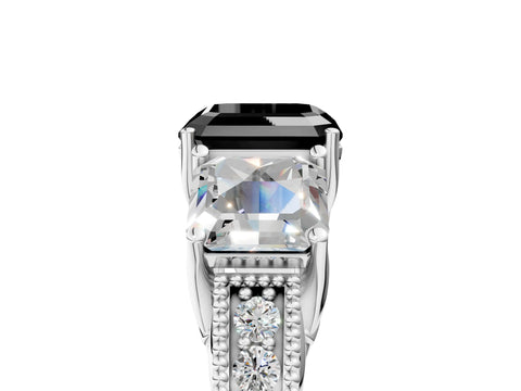 White gold Three-Stone Fancy Black Asscher Cut Cut Milgrain Pavé Engagement Ring_17