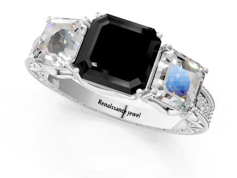 White gold Three-Stone Fancy Black Asscher Cut Cut Milgrain Pavé Engagement Ring_19