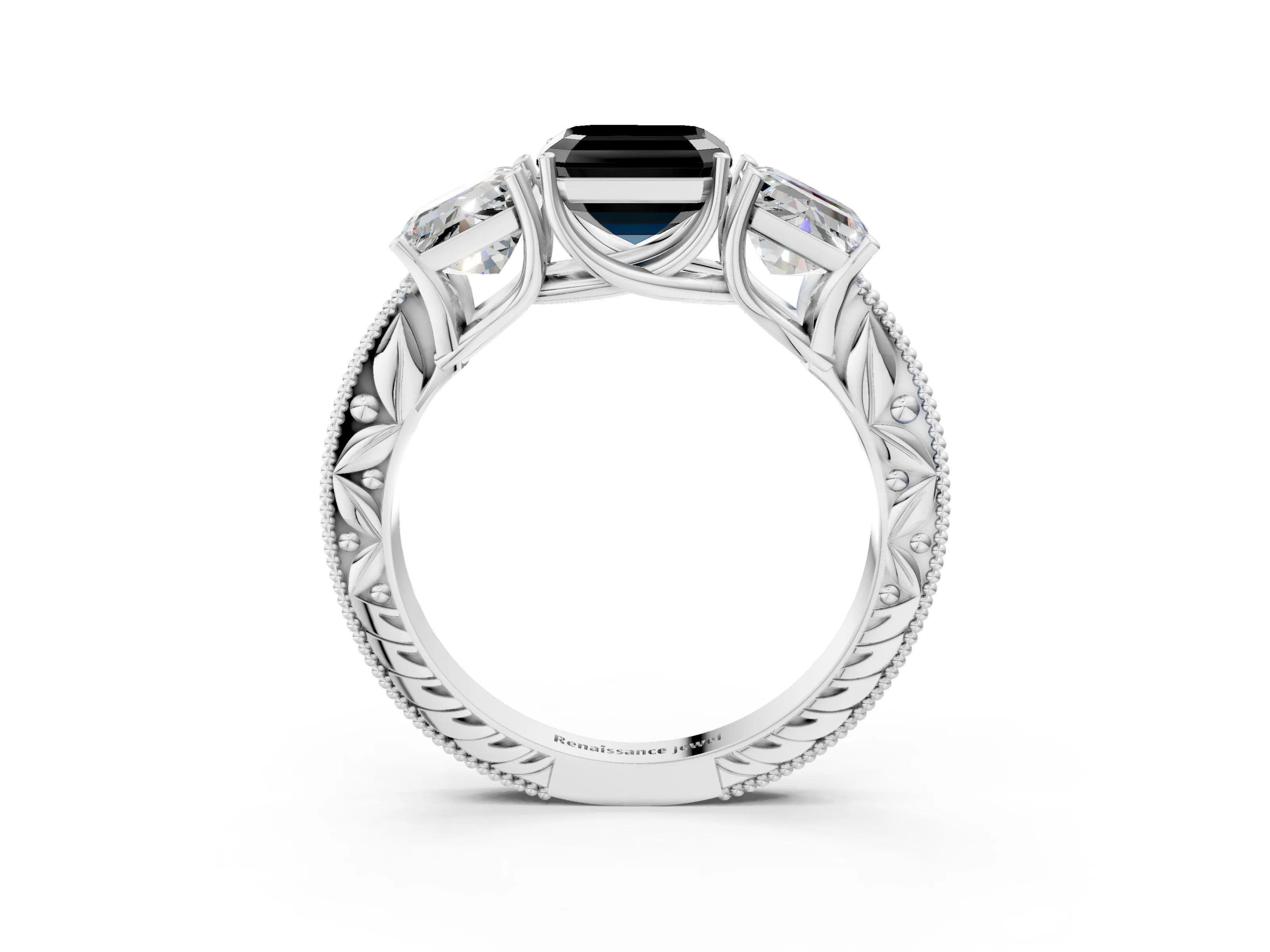 White gold Three-Stone Fancy Black Asscher Cut Cut Milgrain Pavé Engagement Ring_21