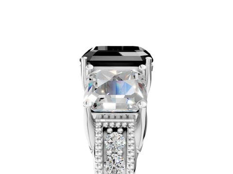 White gold Three-Stone Fancy Black Asscher Cut Cut Milgrain Pavé Engagement Ring_23