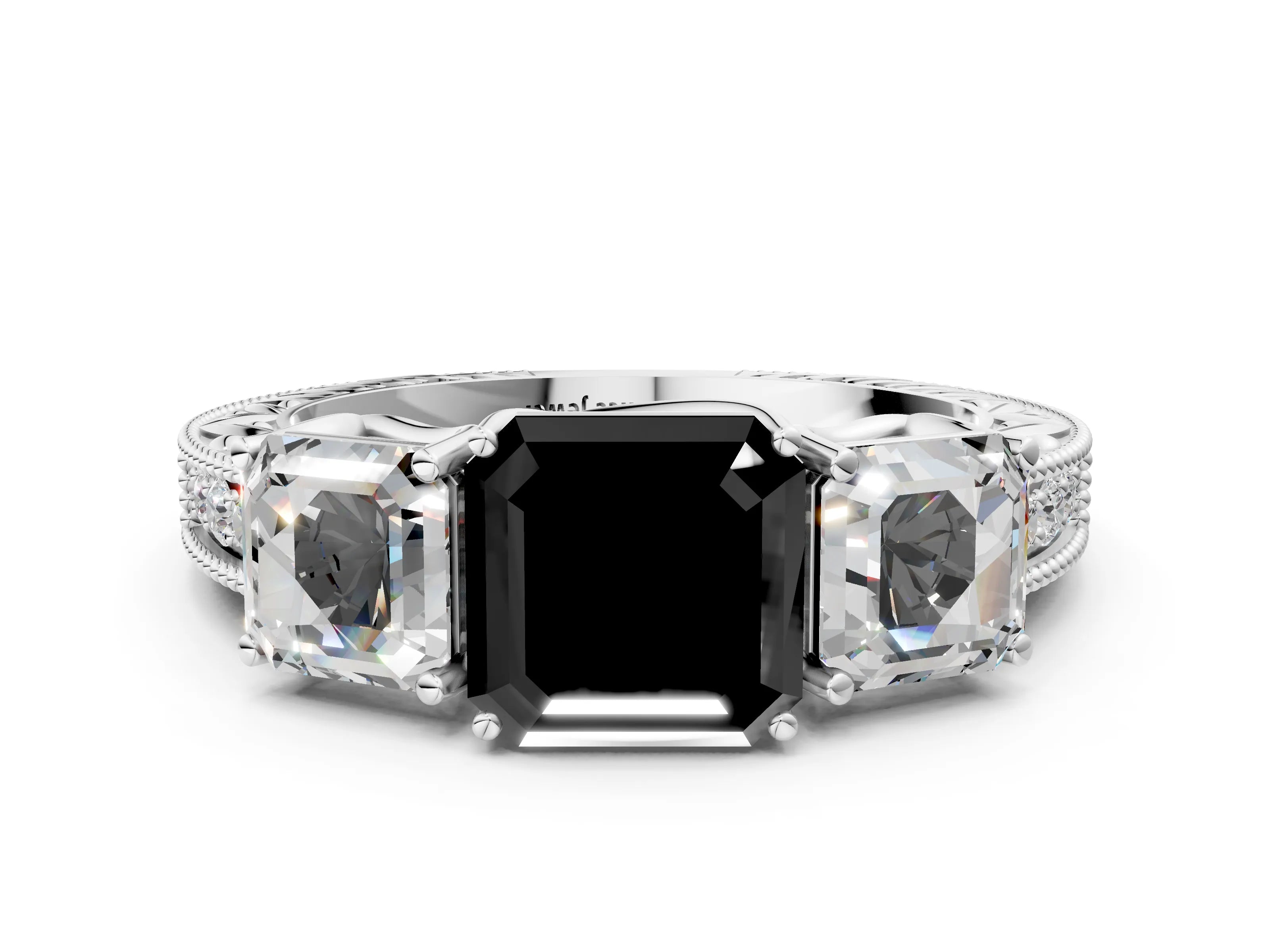 White gold Three-Stone Fancy Black Asscher Cut Cut Milgrain Pavé Engagement Ring_24