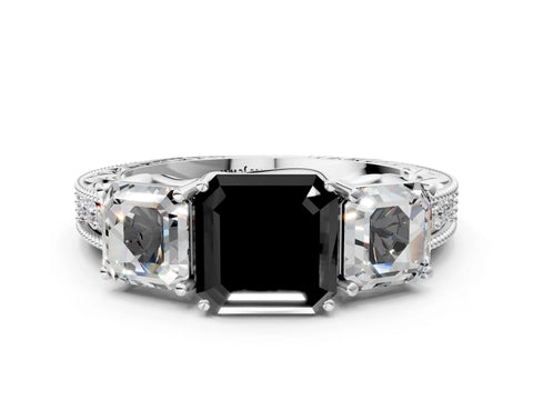 White gold Three-Stone Fancy Black Asscher Cut Cut Milgrain Pavé Engagement Ring_24