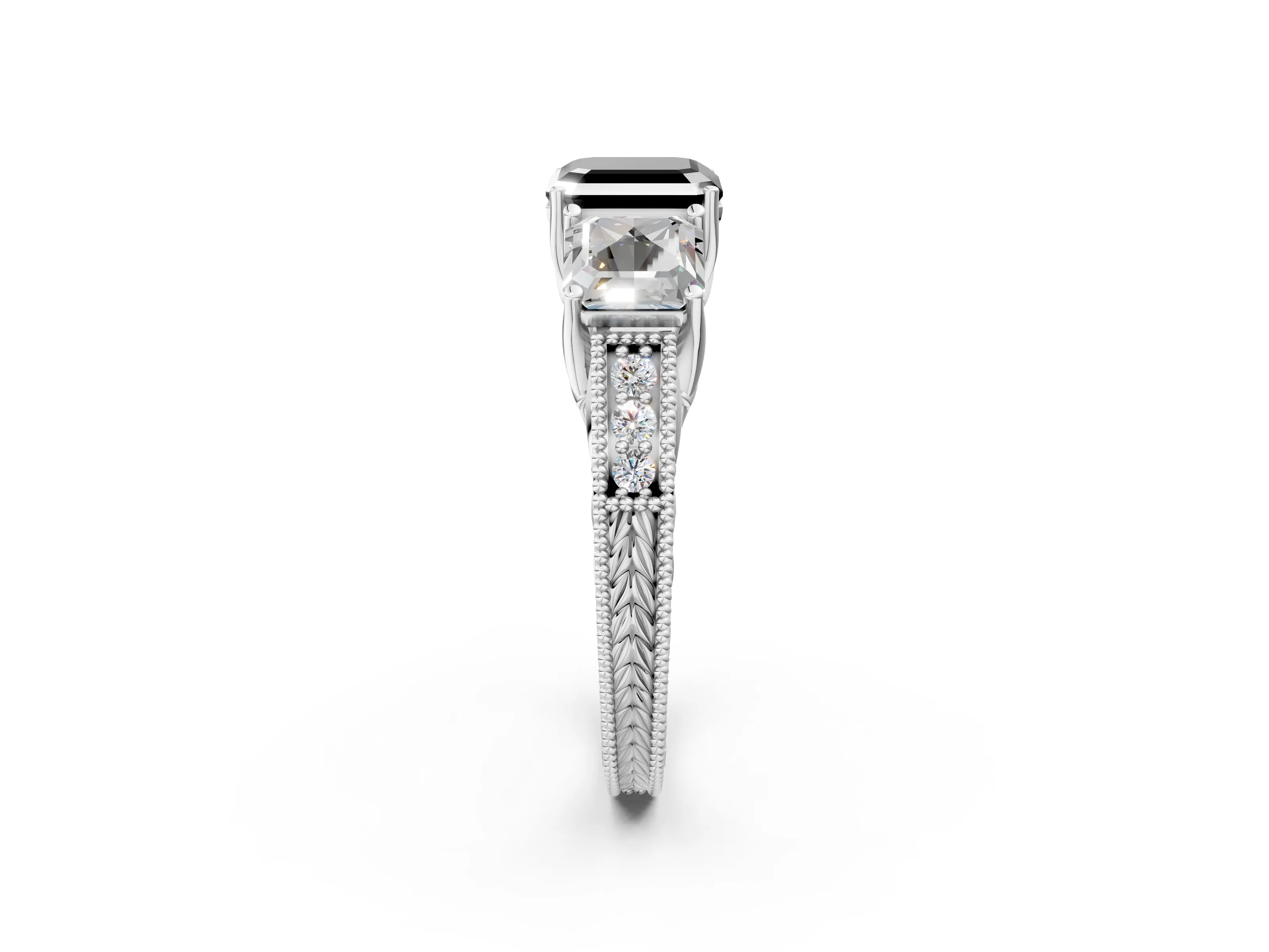 White gold Three-Stone Fancy Black Asscher Cut Cut Milgrain Pavé Engagement Ring_26