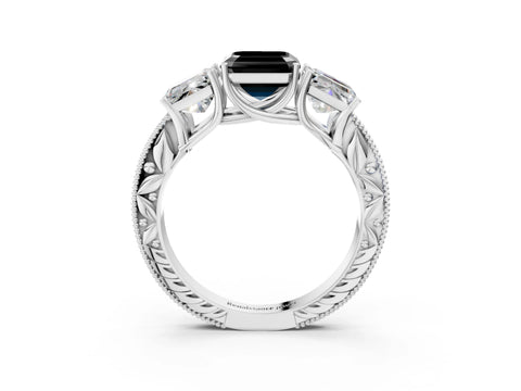White gold Three-Stone Fancy Black Asscher Cut Cut Milgrain Pavé Engagement Ring_27