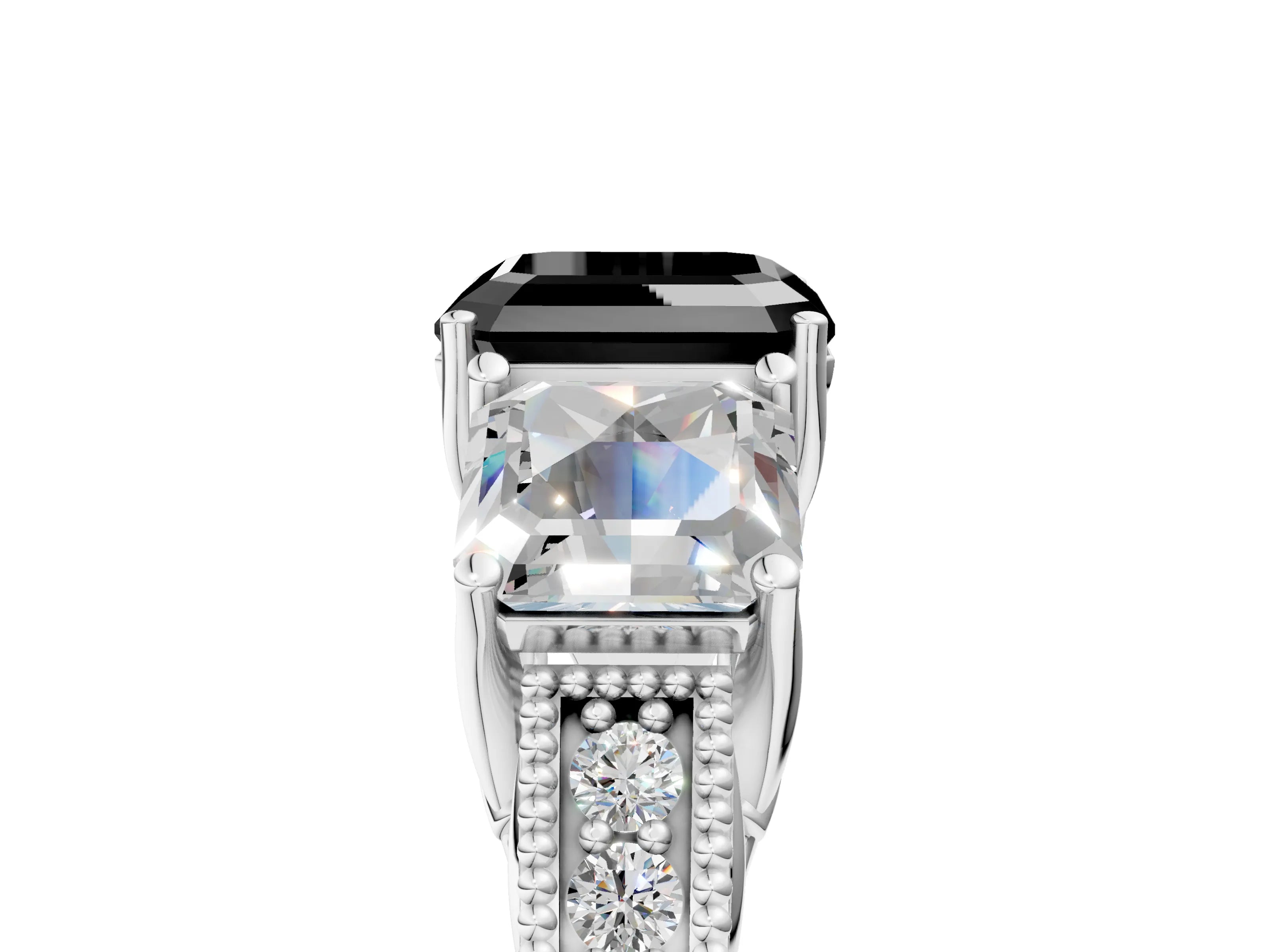 White gold Three-Stone Fancy Black Asscher Cut Cut Milgrain Pavé Engagement Ring_29