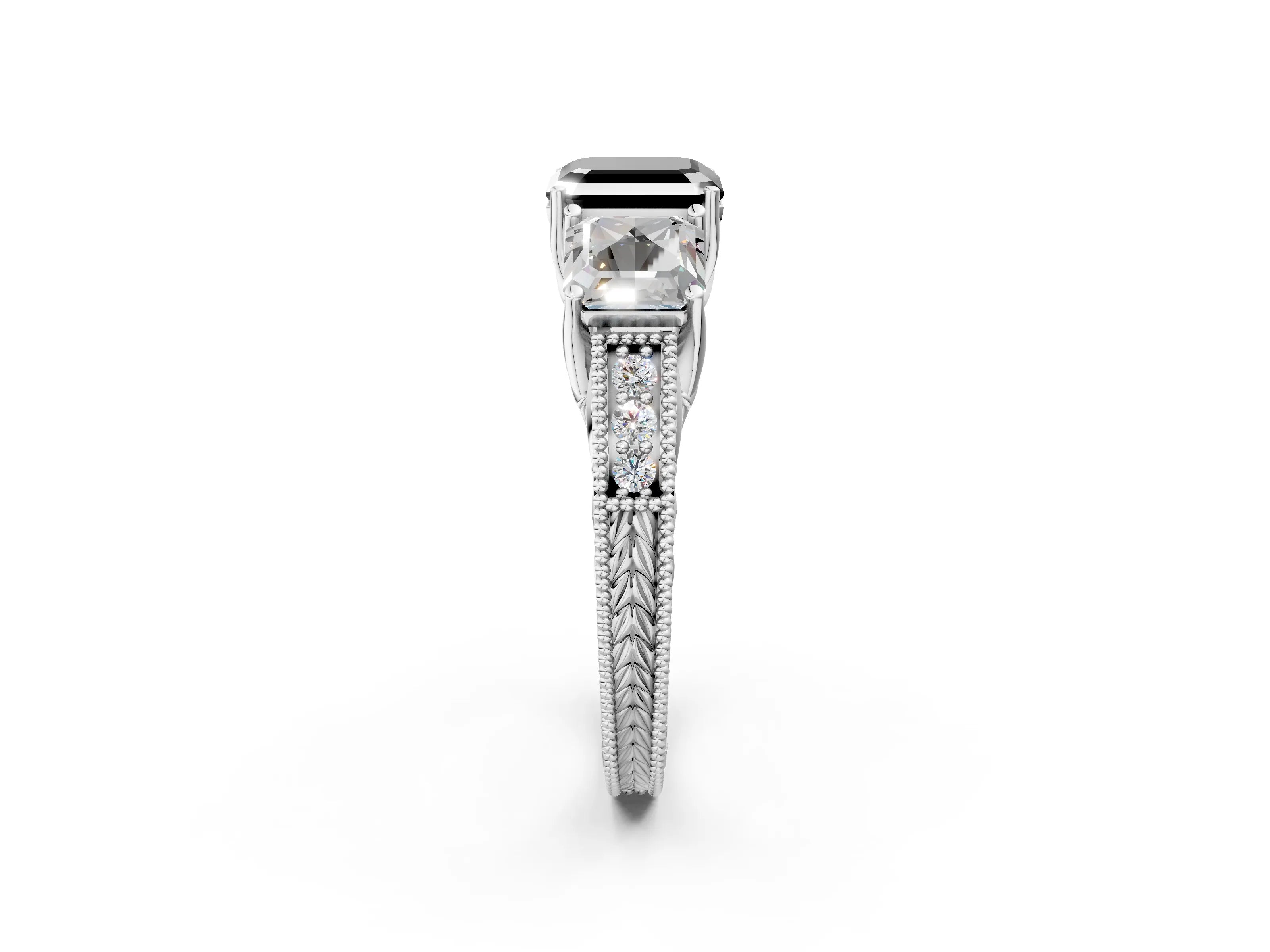 White gold Three-Stone Fancy Black Asscher Cut Cut Milgrain Pavé Engagement Ring_2