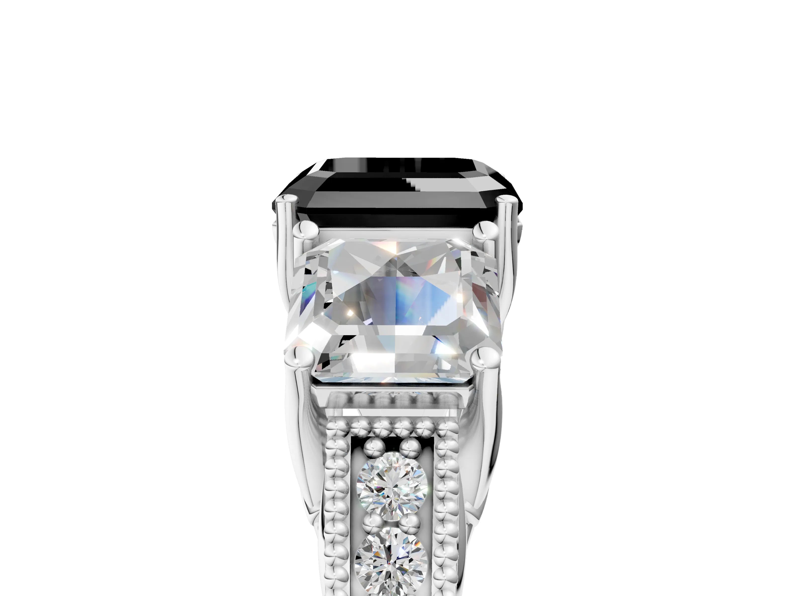 White gold Three-Stone Fancy Black Asscher Cut Cut Milgrain Pavé Engagement Ring_5