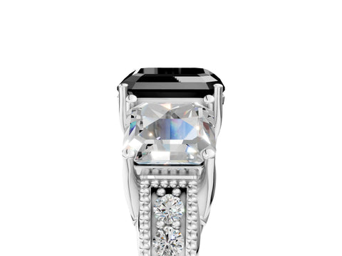 White gold Three-Stone Fancy Black Asscher Cut Cut Milgrain Pavé Engagement Ring_5