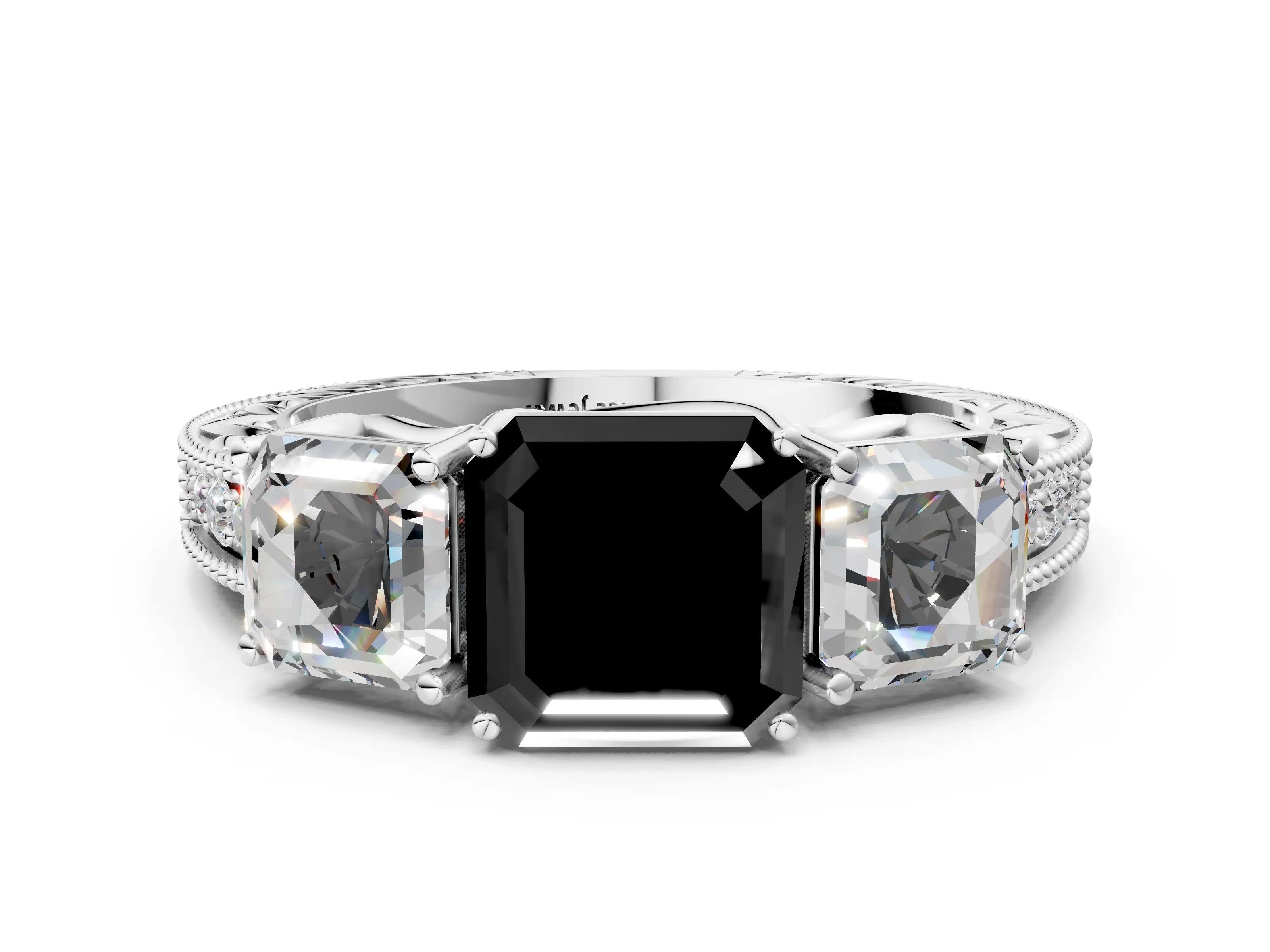 White gold Three-Stone Fancy Black Asscher Cut Cut Milgrain Pavé Engagement Ring