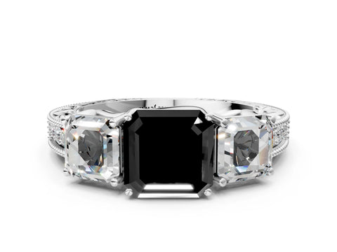 White gold Three-Stone Fancy Black Asscher Cut Cut Milgrain Pavé Engagement Ring