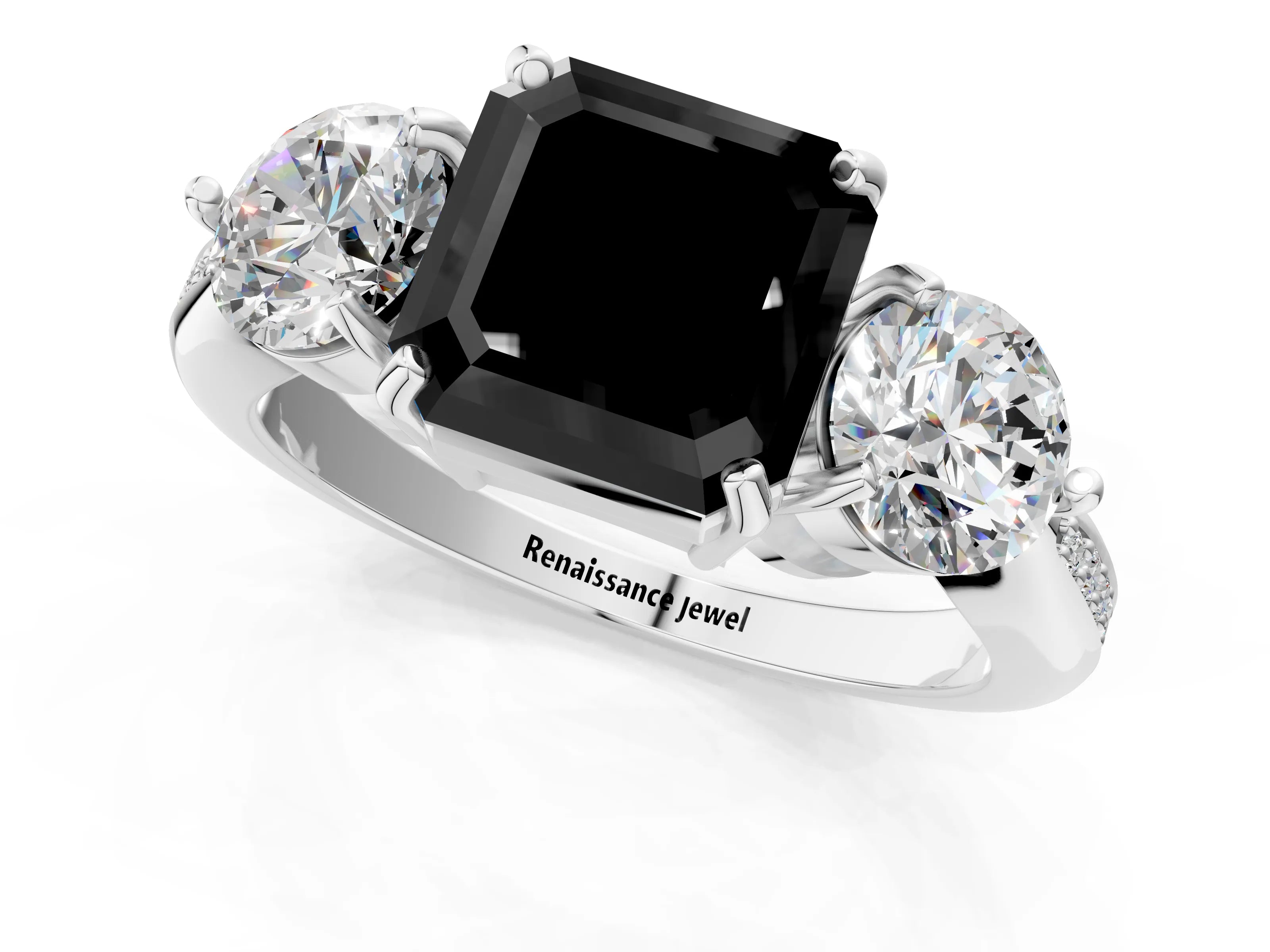 White gold Three-Stone Fancy Black Asscher Cut Diamond Channel Set Engagement Ring with Prong Setting_1